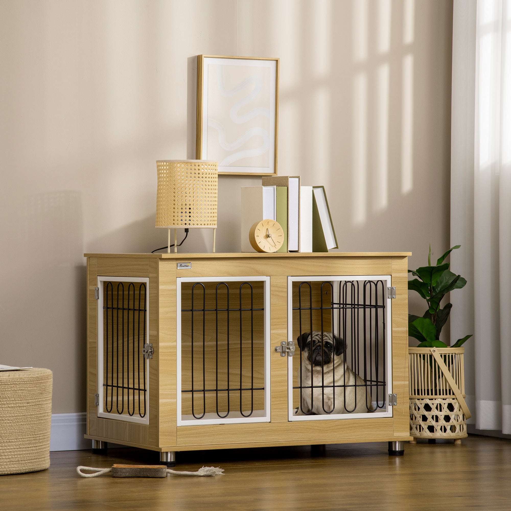 PawHut 35in Dog Crate End Table with Soft Cushion, Double-Door Dog Crate Furniture for Medium Large Dogs, Wooden Wire Pet Kennel for Indoor Use, 35" W x 23" D x 26" H, Oak