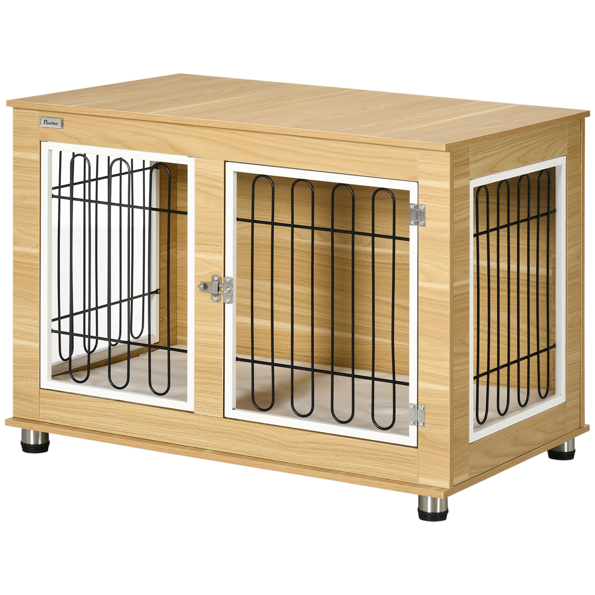 PawHut 35in Dog Crate End Table with Soft Cushion, Double-Door Dog Crate Furniture for Medium Large Dogs, Wooden Wire Pet Kennel for Indoor Use, 35" W x 23" D x 26" H, Oak
