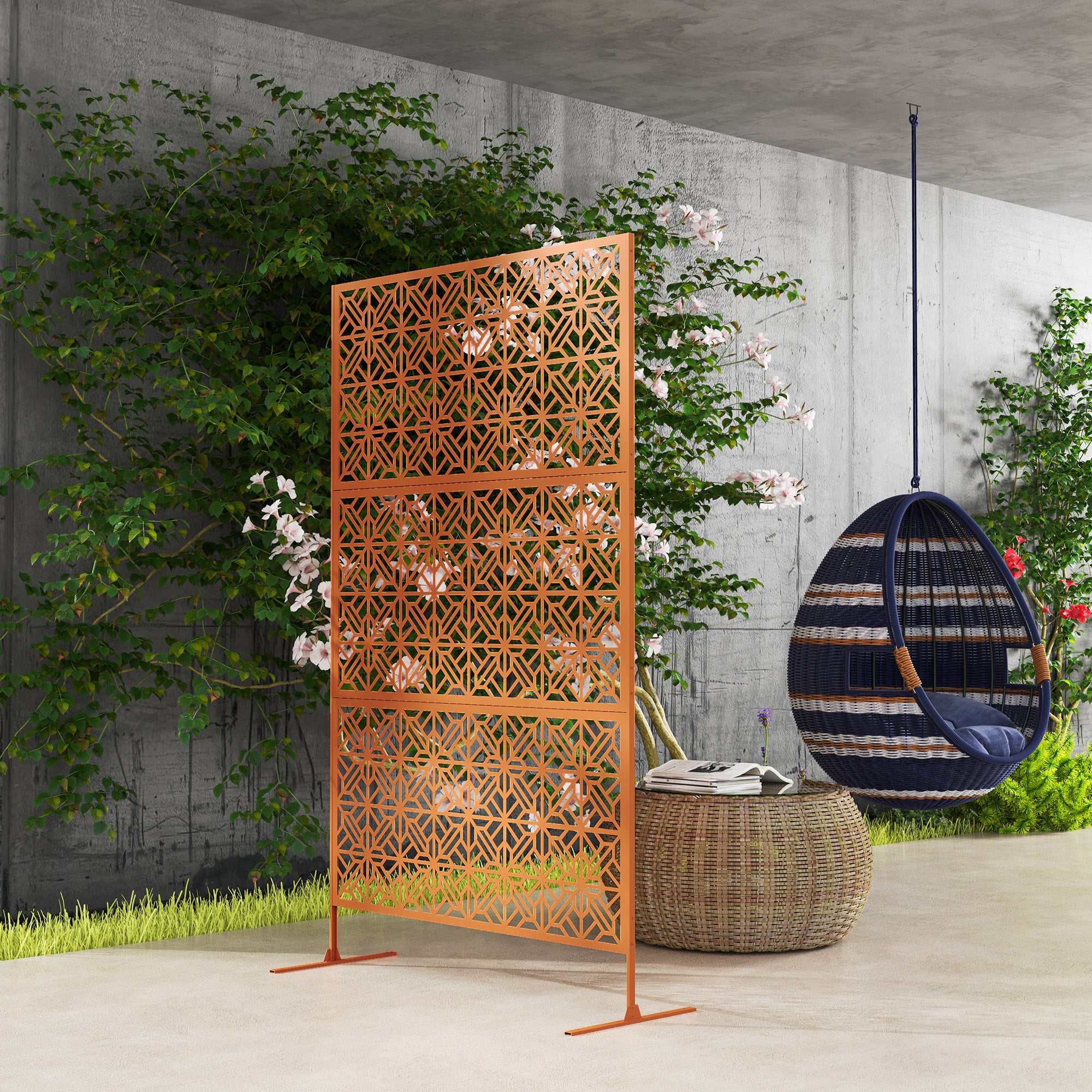 Outsunny Metal Outdoor Privacy Screen, 78"H x 48"W Decorative Outdoor Divider with Stand, Freestanding Privacy Panel with Diamond Hollow Design for Garden, Patio, Backyard, Brown