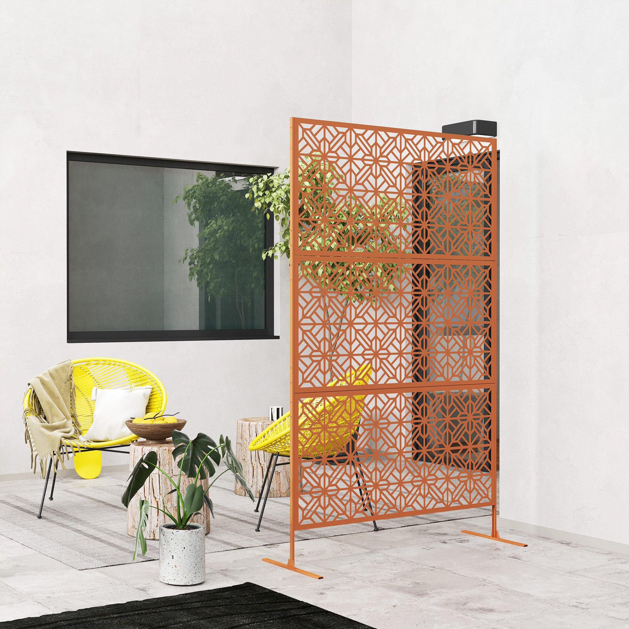 Outsunny Metal Outdoor Privacy Screen, 78"H x 48"W Decorative Outdoor Divider with Stand, Freestanding Privacy Panel with Diamond Hollow Design for Garden, Patio, Backyard, Brown