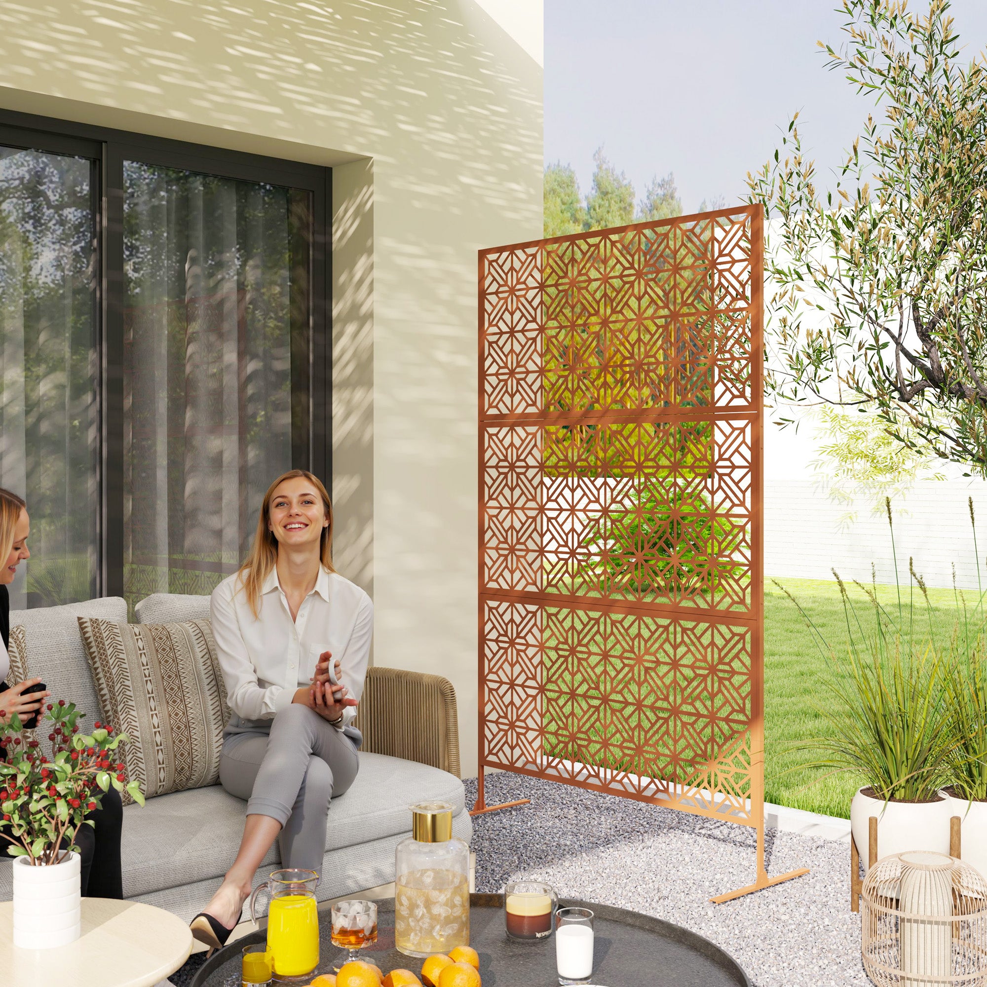 Outsunny Metal Outdoor Privacy Screen, 78"H x 48"W Decorative Outdoor Divider with Stand, Freestanding Privacy Panel with Diamond Hollow Design for Garden, Patio, Backyard, Brown