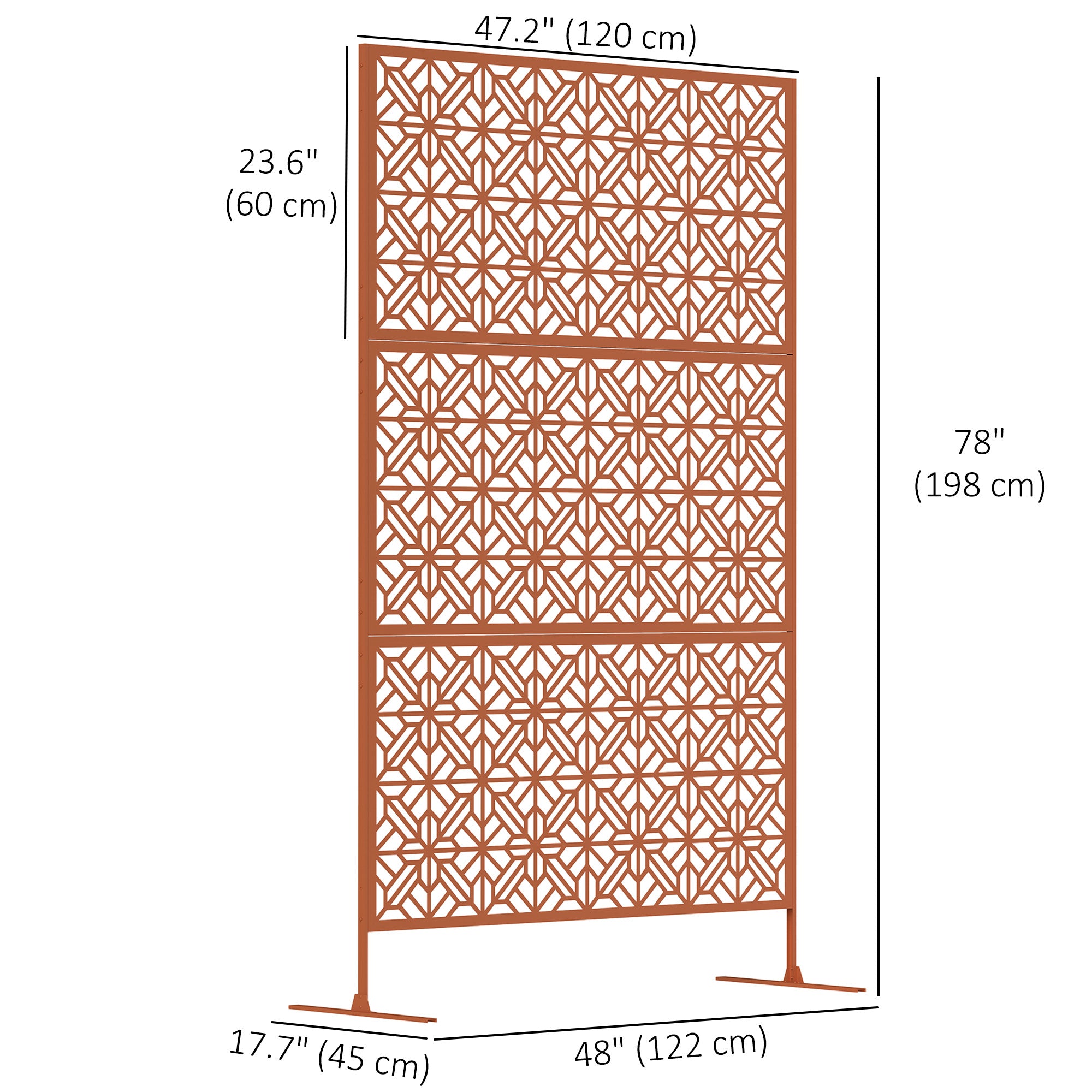 Outsunny Metal Outdoor Privacy Screen, 78"H x 48"W Decorative Outdoor Divider with Stand, Freestanding Privacy Panel with Diamond Hollow Design for Garden, Patio, Backyard, Brown