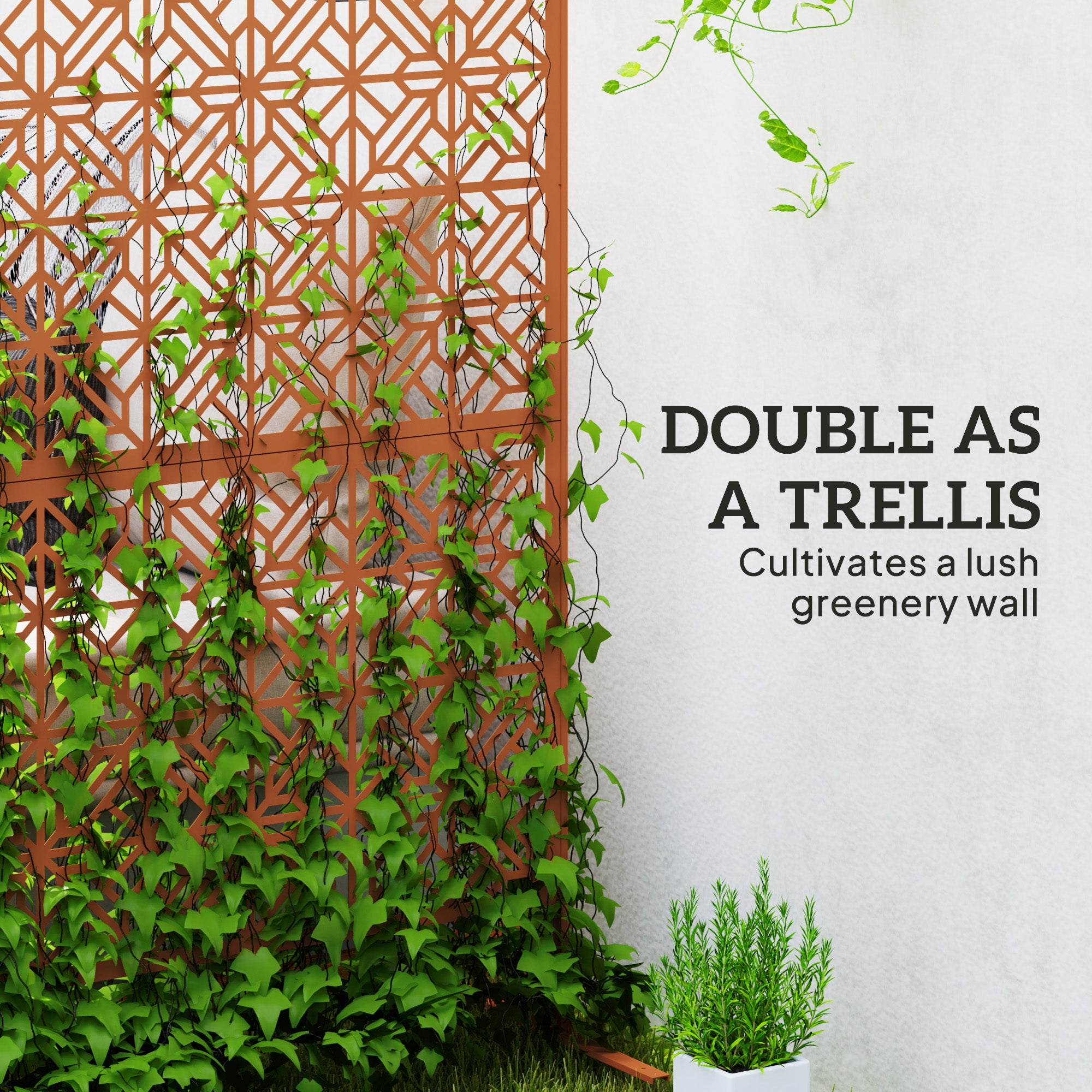 Outsunny Metal Outdoor Privacy Screen, 78"H x 48"W Decorative Outdoor Divider with Stand, Freestanding Privacy Panel with Diamond Hollow Design for Garden, Patio, Backyard, Brown