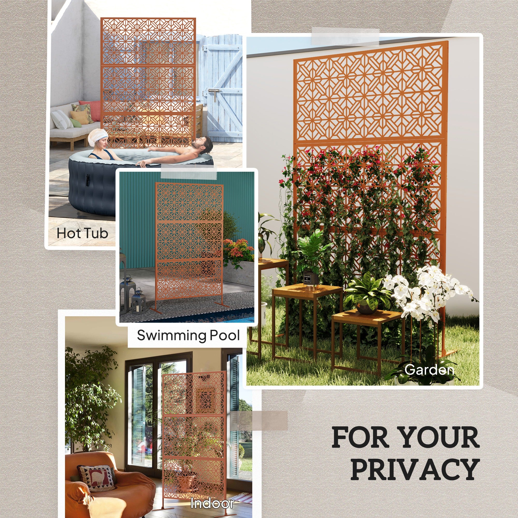 Outsunny Metal Outdoor Privacy Screen, 78"H x 48"W Decorative Outdoor Divider with Stand, Freestanding Privacy Panel with Diamond Hollow Design for Garden, Patio, Backyard, Brown