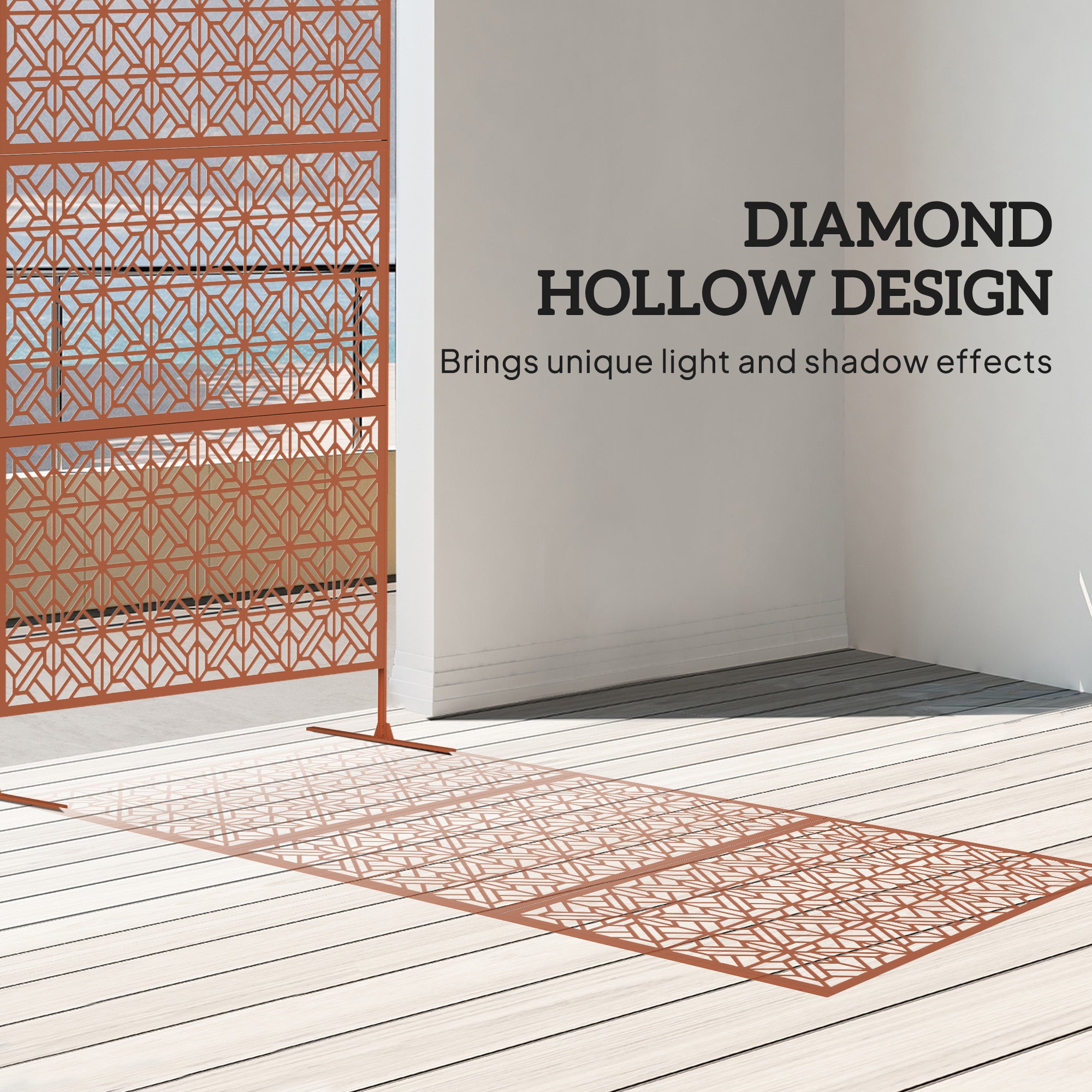 Outsunny Metal Outdoor Privacy Screen, 78"H x 48"W Decorative Outdoor Divider with Stand, Freestanding Privacy Panel with Diamond Hollow Design for Garden, Patio, Backyard, Brown