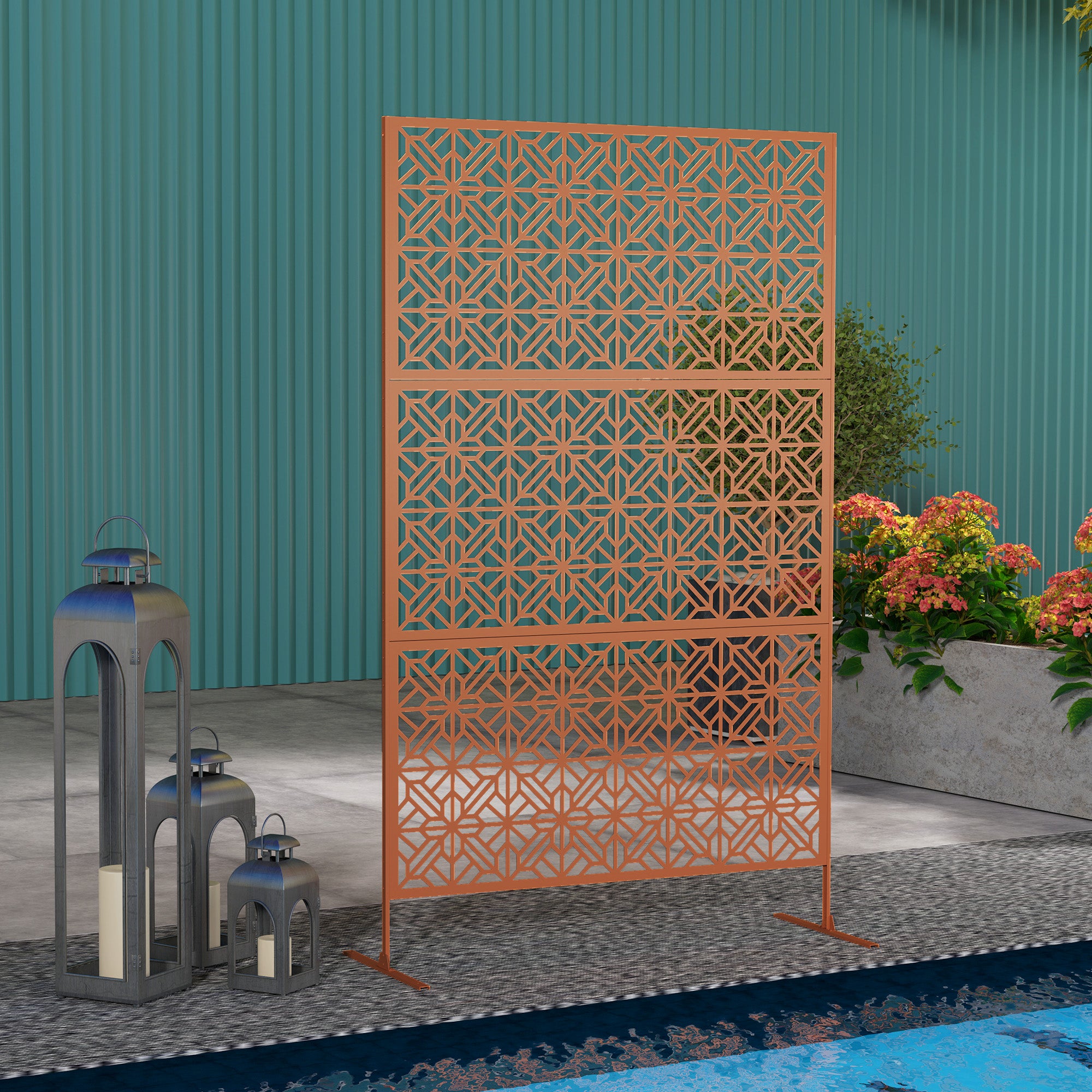 Outsunny Metal Outdoor Privacy Screen, 78"H x 48"W Decorative Outdoor Divider with Stand, Freestanding Privacy Panel with Diamond Hollow Design for Garden, Patio, Backyard, Brown