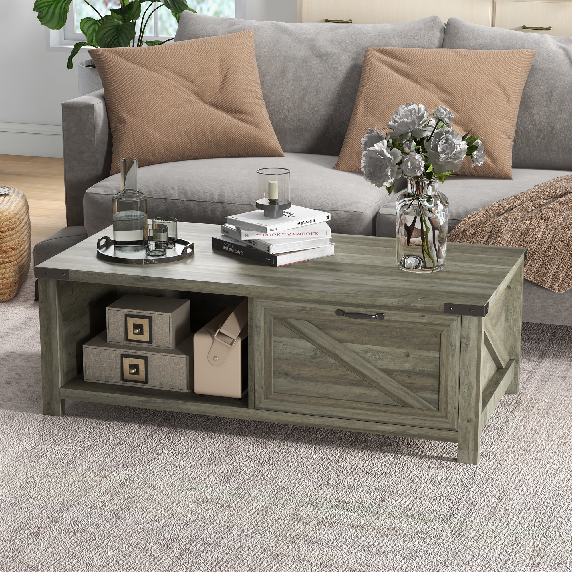 HOMCOM Farmhouse Coffee Table with Drawer and Storage Shelf, Rustic Center Table for Living Room, Grey