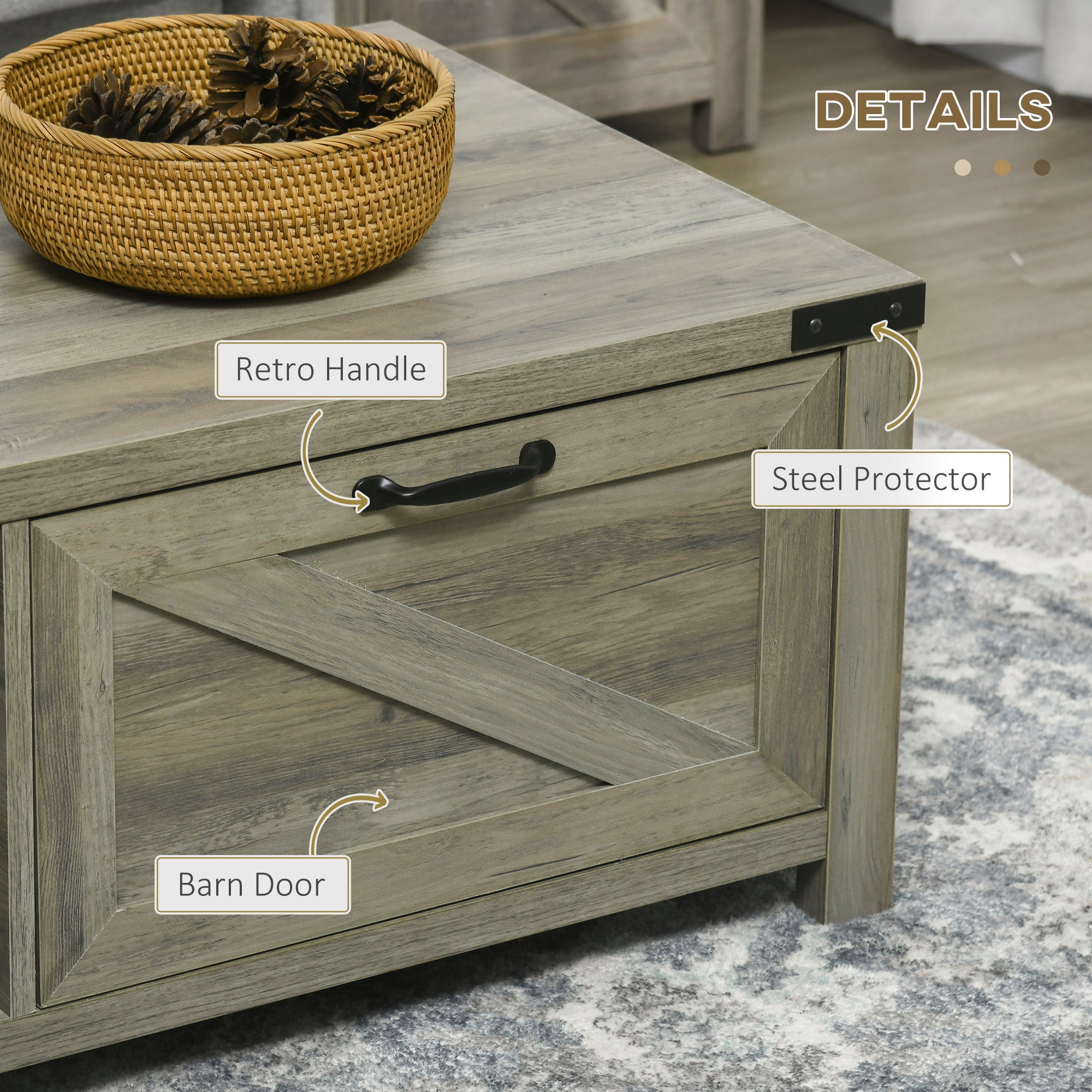 HOMCOM Farmhouse Coffee Table with Drawer and Storage Shelf, Rustic Center Table for Living Room, Grey