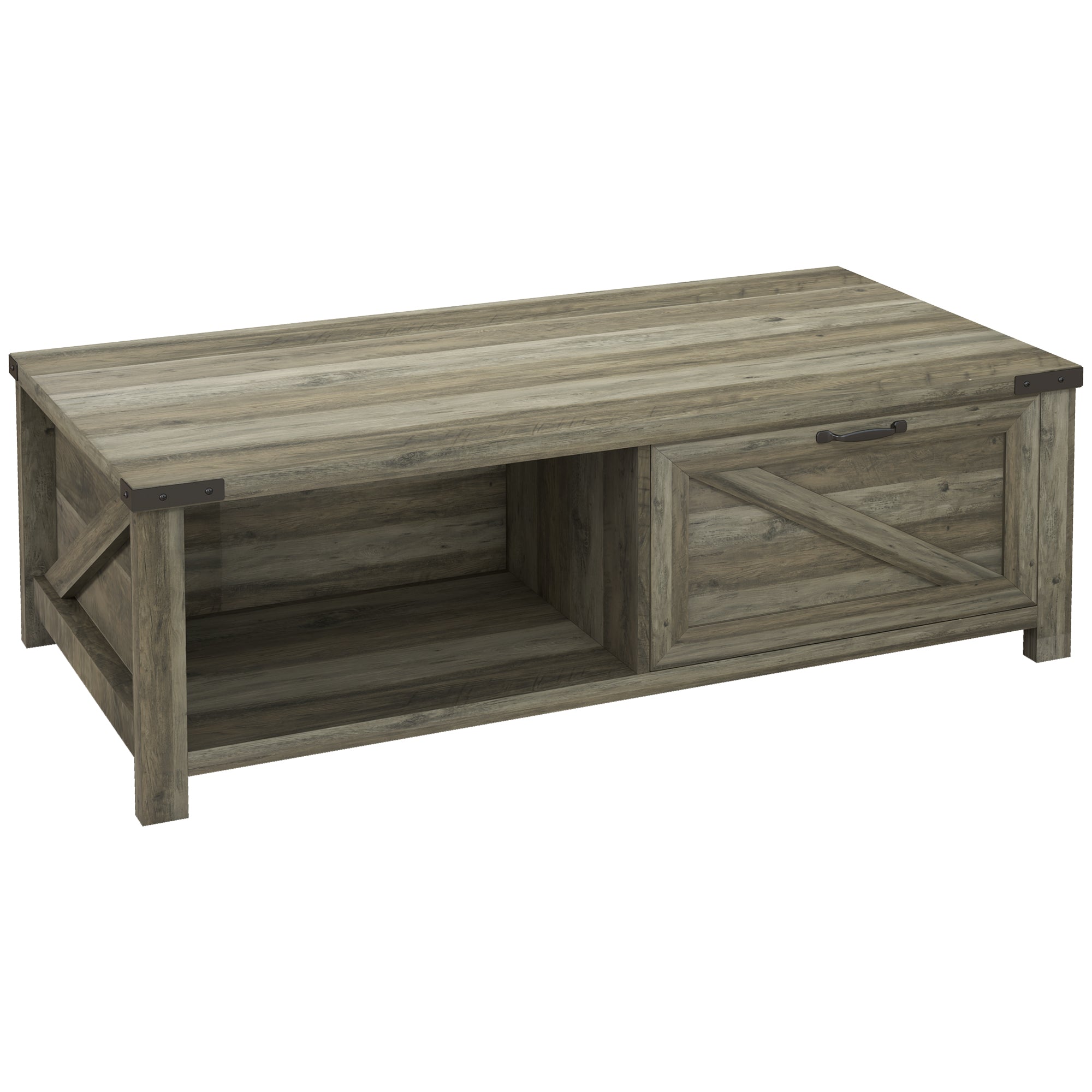 HOMCOM Farmhouse Coffee Table with Drawer and Storage Shelf, Rustic Center Table for Living Room, Grey