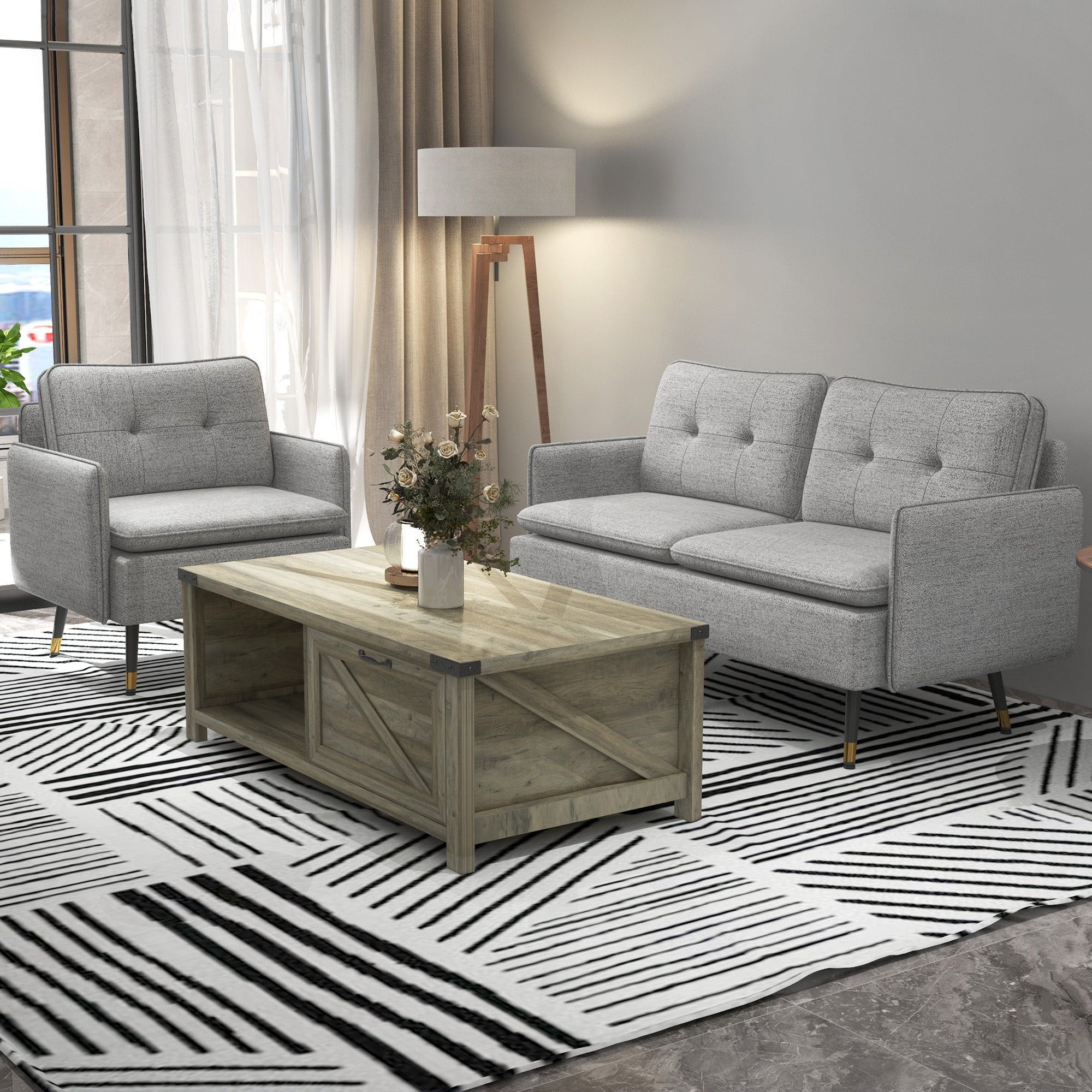 HOMCOM Farmhouse Coffee Table with Drawer and Storage Shelf, Rustic Center Table for Living Room, Grey