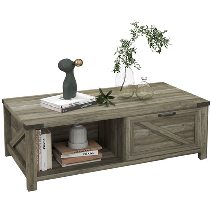 HOMCOM Farmhouse Coffee Table with Drawer and Storage Shelf, Rustic Center Table for Living Room, Grey