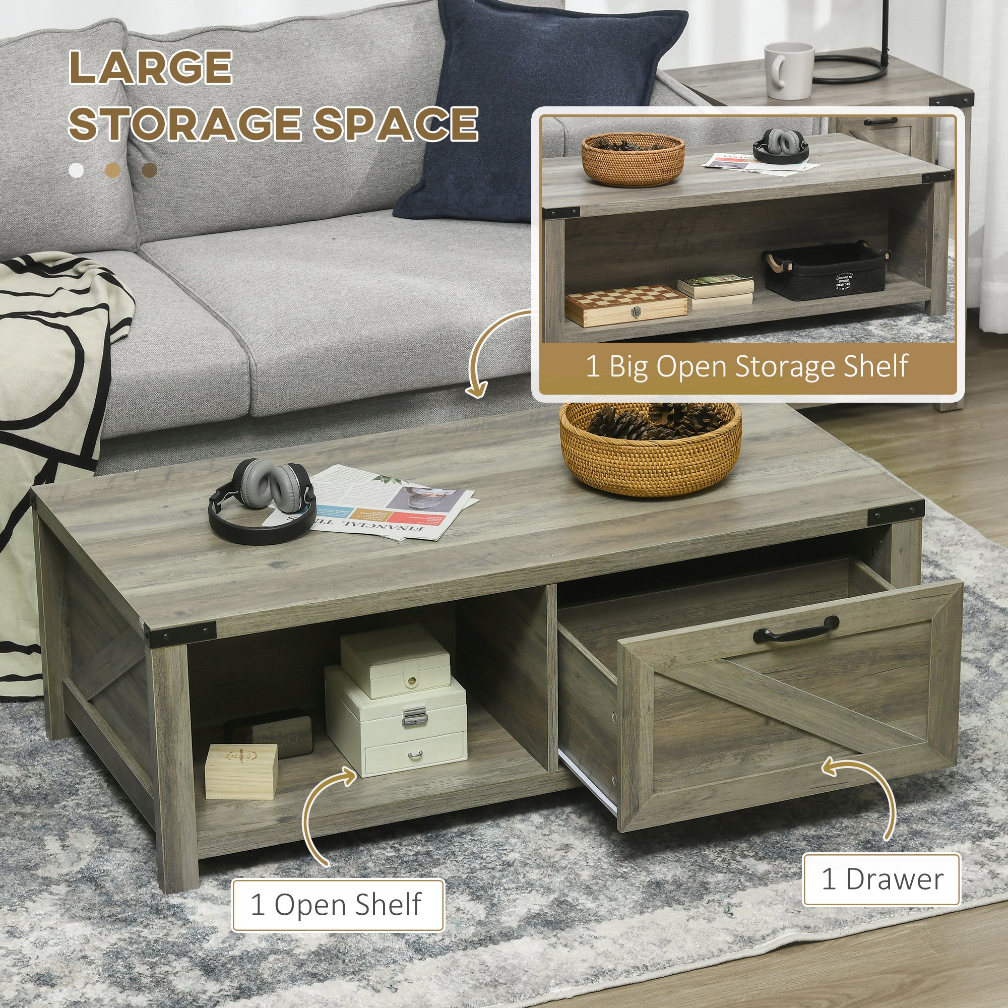 HOMCOM Farmhouse Coffee Table with Drawer and Storage Shelf, Rustic Center Table for Living Room, Grey