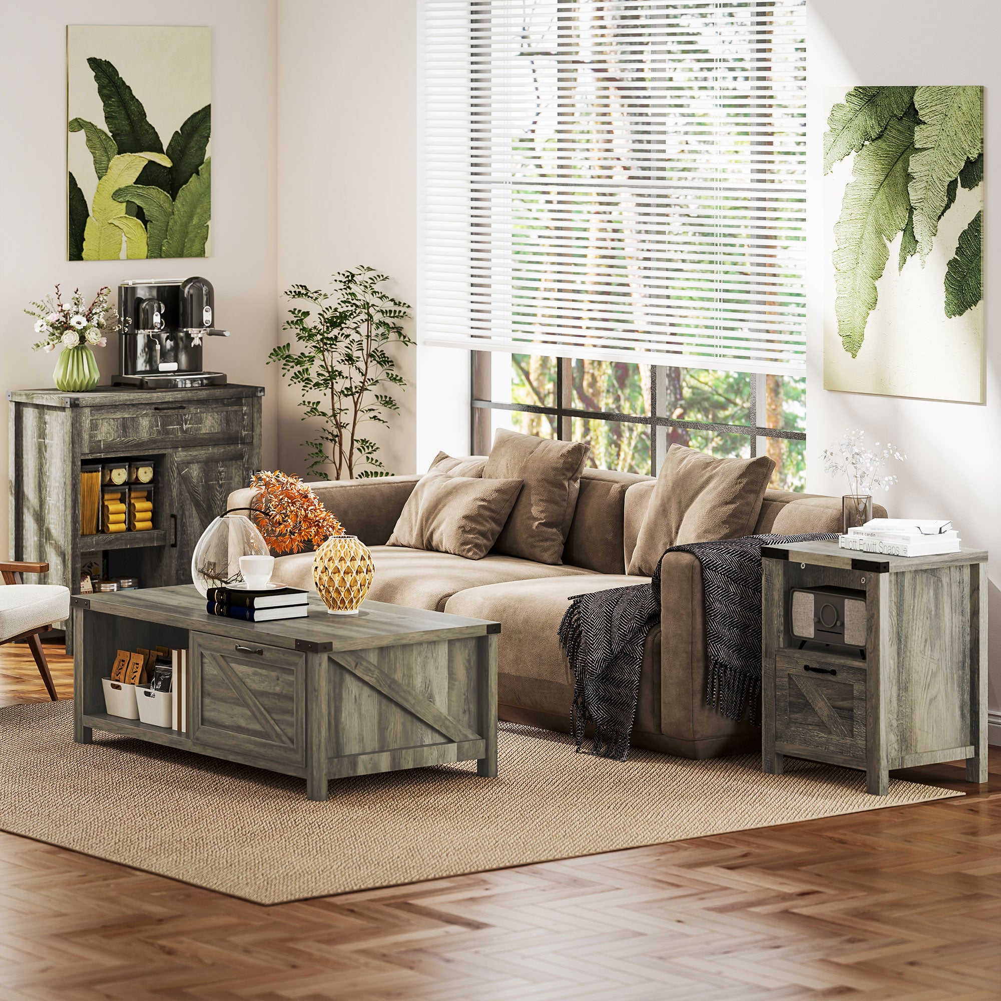 HOMCOM Farmhouse Coffee Table with Drawer and Storage Shelf, Rustic Center Table for Living Room, Grey