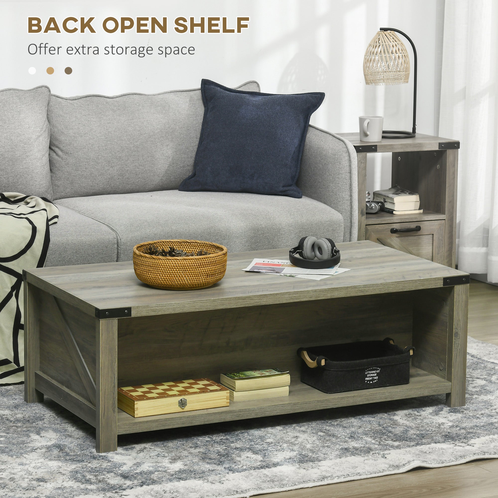 HOMCOM Farmhouse Coffee Table with Drawer and Storage Shelf, Rustic Center Table for Living Room, Grey