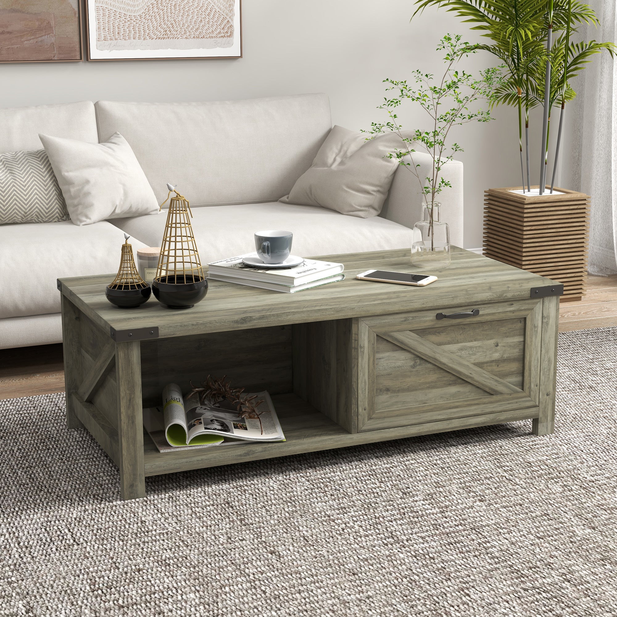 HOMCOM Farmhouse Coffee Table with Drawer and Storage Shelf, Rustic Center Table for Living Room, Grey