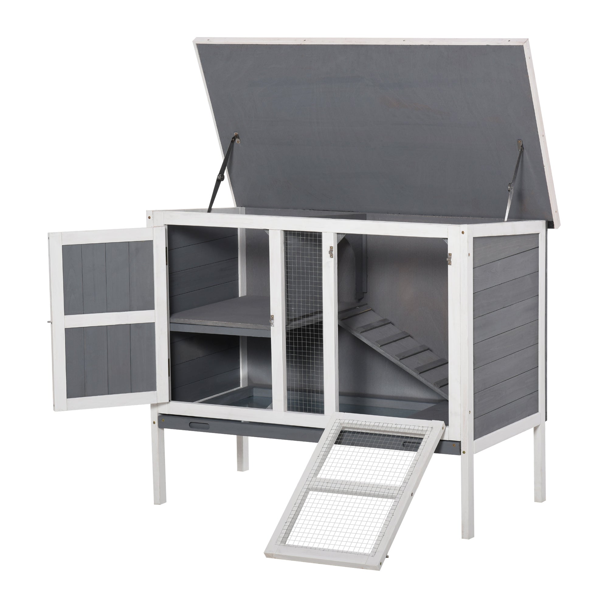 PawHut Rabbit Hutch Bunny Cage Small Animal Habitat with Ramp, Removable Tray and Openable Top, Inddor/Outdoor, Grey