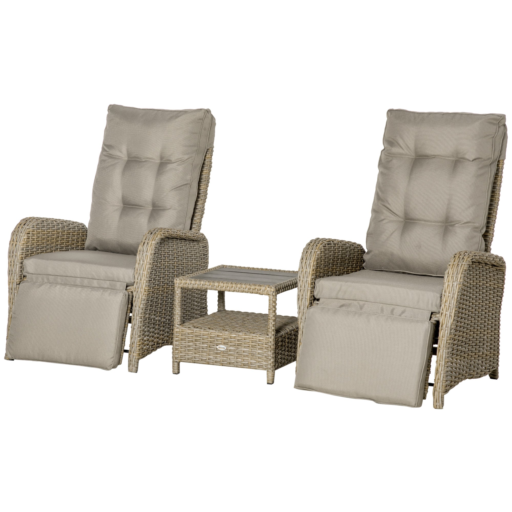 Outsunny 3 Pieces Wicker Patio Furniture Set, Rattan Bistro Set with Reclining Chairs, 2-tier Coffee Table and Cushions, Outdoor Conversation Set for Garden, Porch, Balcony, Khaki