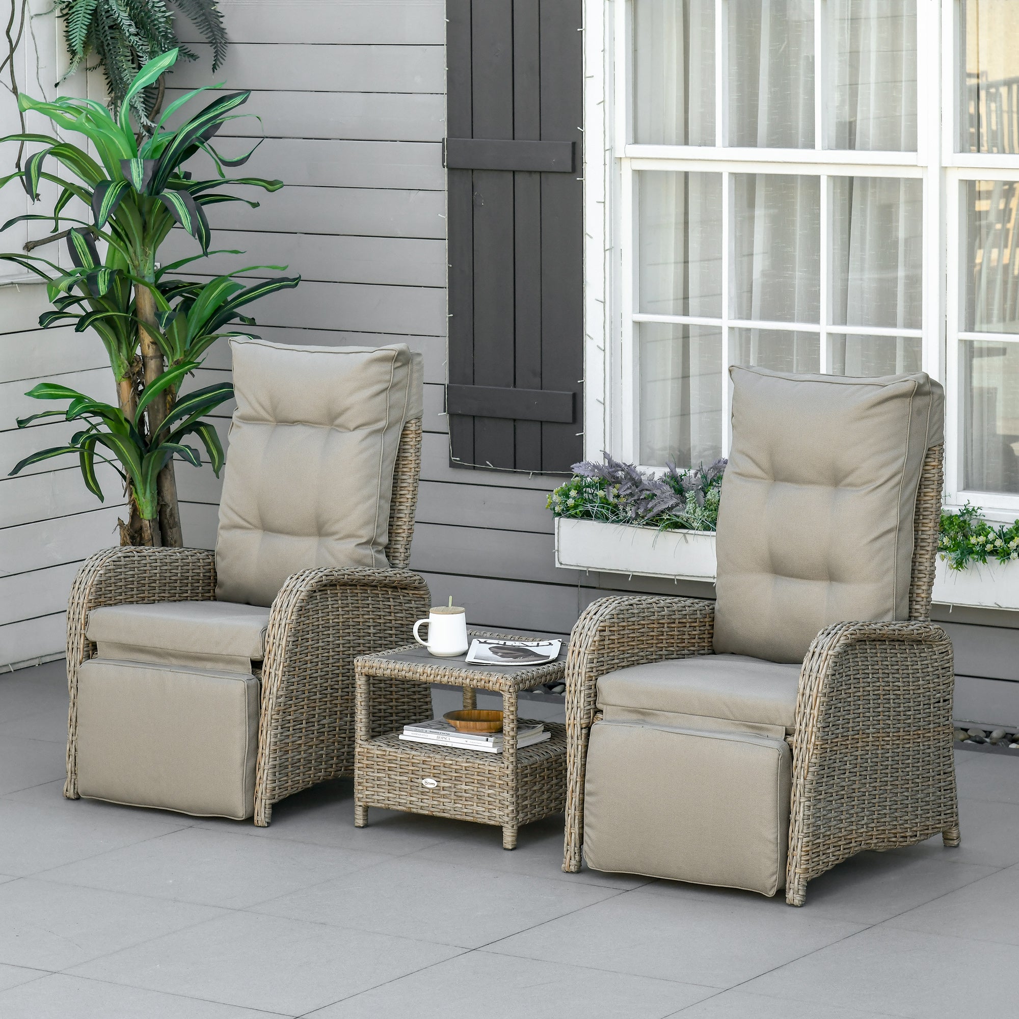 Outsunny 3 Pieces Wicker Patio Furniture Set, Rattan Bistro Set with Reclining Chairs, 2-tier Coffee Table and Cushions, Outdoor Conversation Set for Garden, Porch, Balcony, Khaki