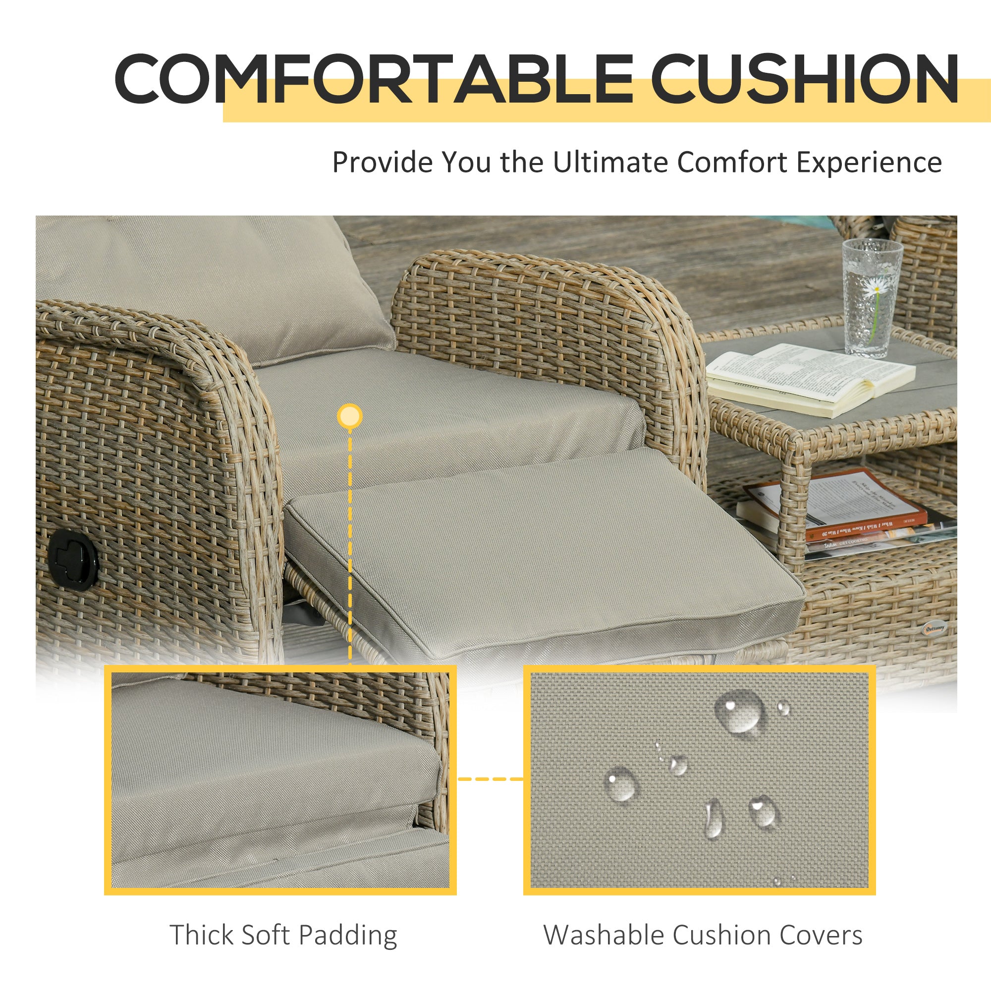 Outsunny 3 Pieces Wicker Patio Furniture Set, Rattan Bistro Set with Reclining Chairs, 2-tier Coffee Table and Cushions, Outdoor Conversation Set for Garden, Porch, Balcony, Khaki