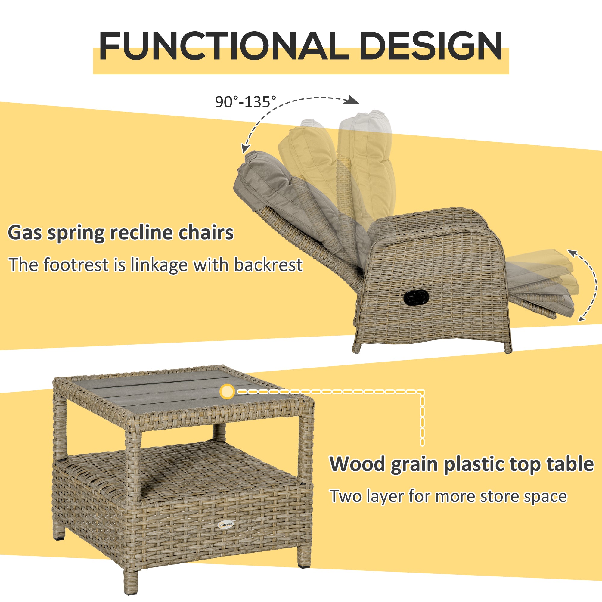 Outsunny 3 Pieces Wicker Patio Furniture Set, Rattan Bistro Set with Reclining Chairs, 2-tier Coffee Table and Cushions, Outdoor Conversation Set for Garden, Porch, Balcony, Khaki