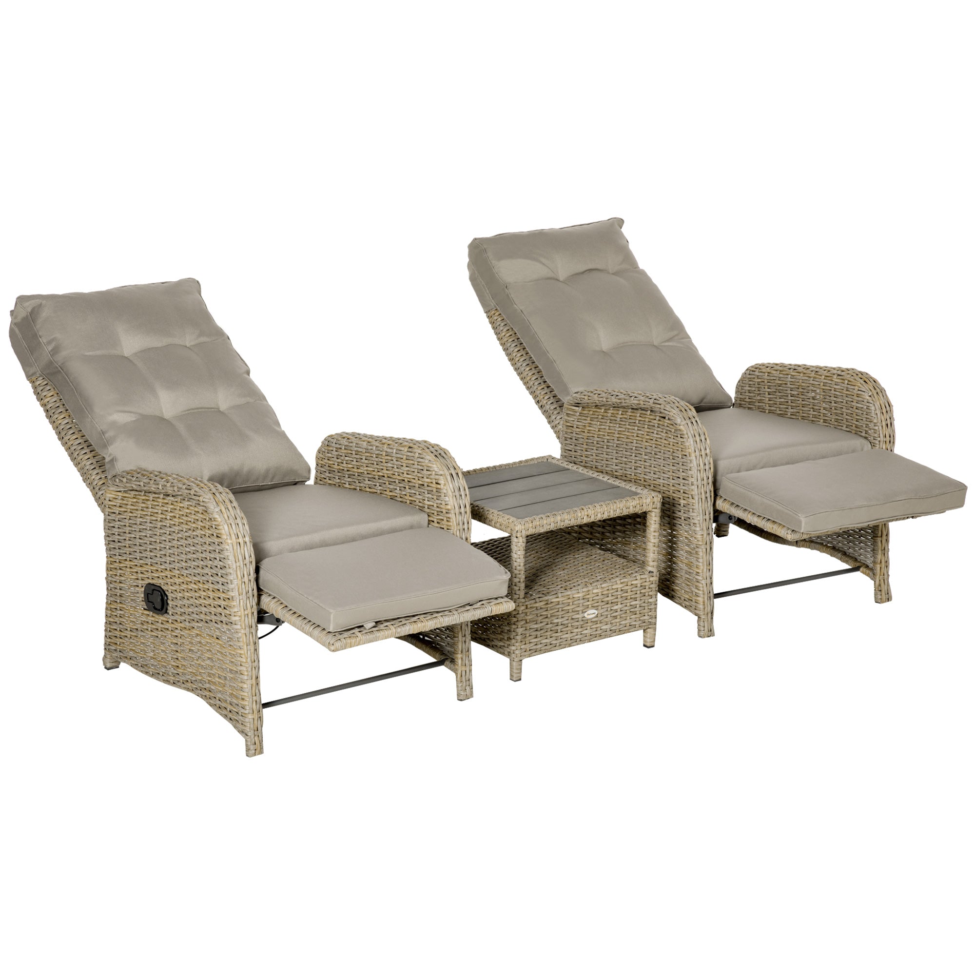 Outsunny 3 Pieces Wicker Patio Furniture Set, Rattan Bistro Set with Reclining Chairs, 2-tier Coffee Table and Cushions, Outdoor Conversation Set for Garden, Porch, Balcony, Khaki