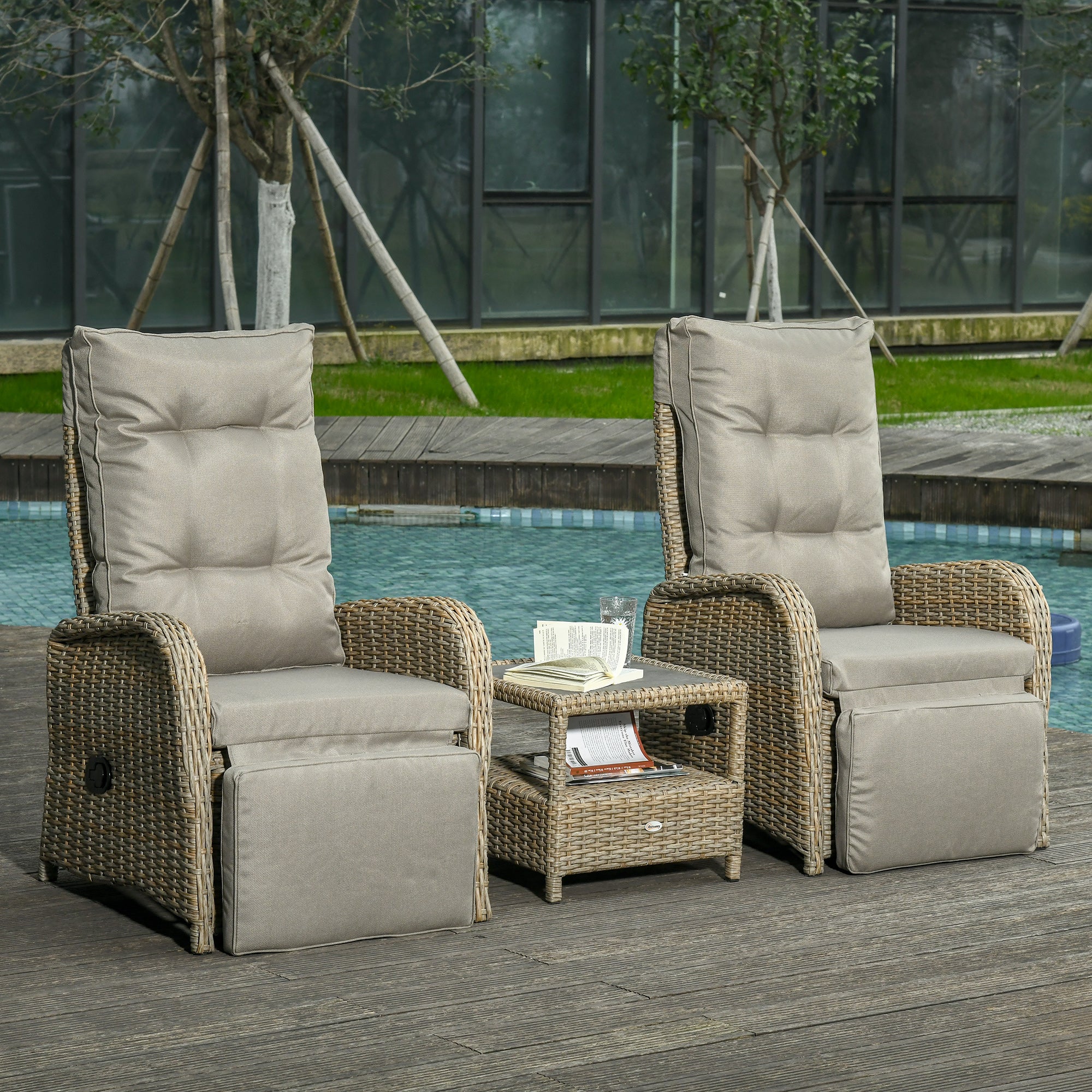 Outsunny 3 Pieces Wicker Patio Furniture Set, Rattan Bistro Set with Reclining Chairs, 2-tier Coffee Table and Cushions, Outdoor Conversation Set for Garden, Porch, Balcony, Khaki