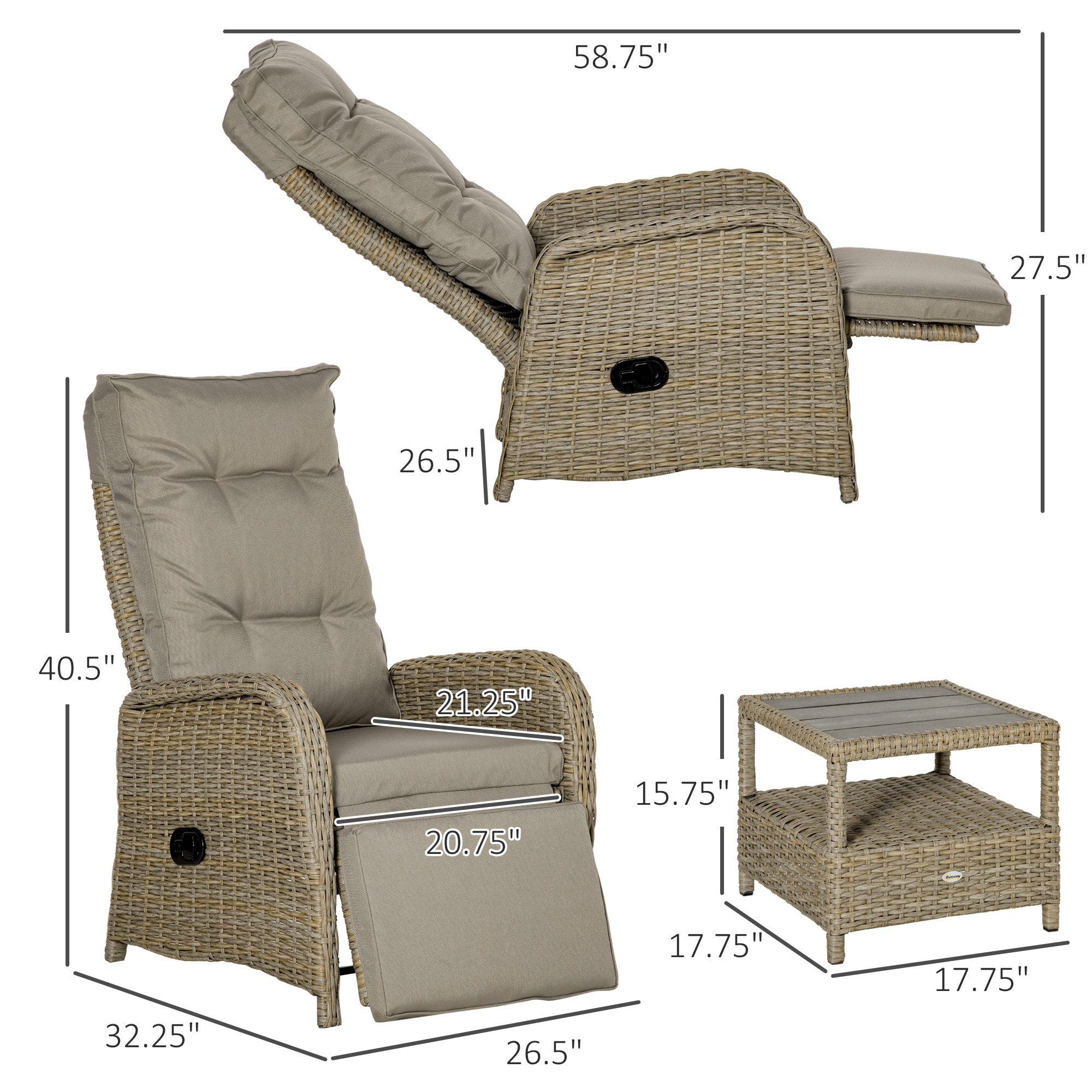Outsunny 3 Pieces Wicker Patio Furniture Set, Rattan Bistro Set with Reclining Chairs, 2-tier Coffee Table and Cushions, Outdoor Conversation Set for Garden, Porch, Balcony, Khaki