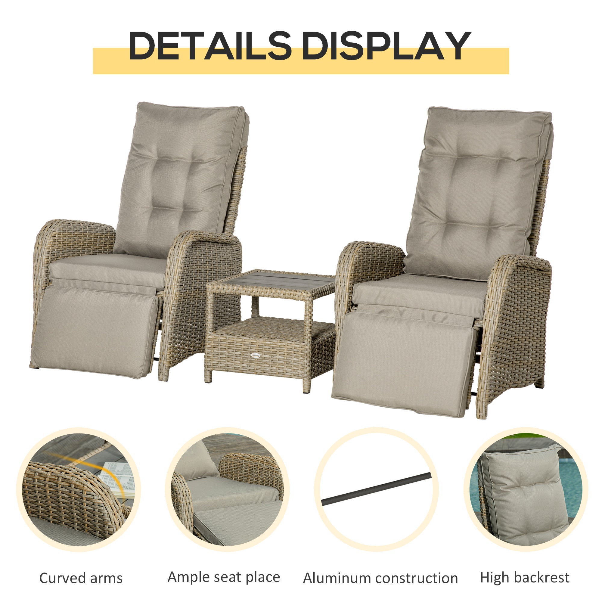 Outsunny 3 Pieces Wicker Patio Furniture Set, Rattan Bistro Set with Reclining Chairs, 2-tier Coffee Table and Cushions, Outdoor Conversation Set for Garden, Porch, Balcony, Khaki