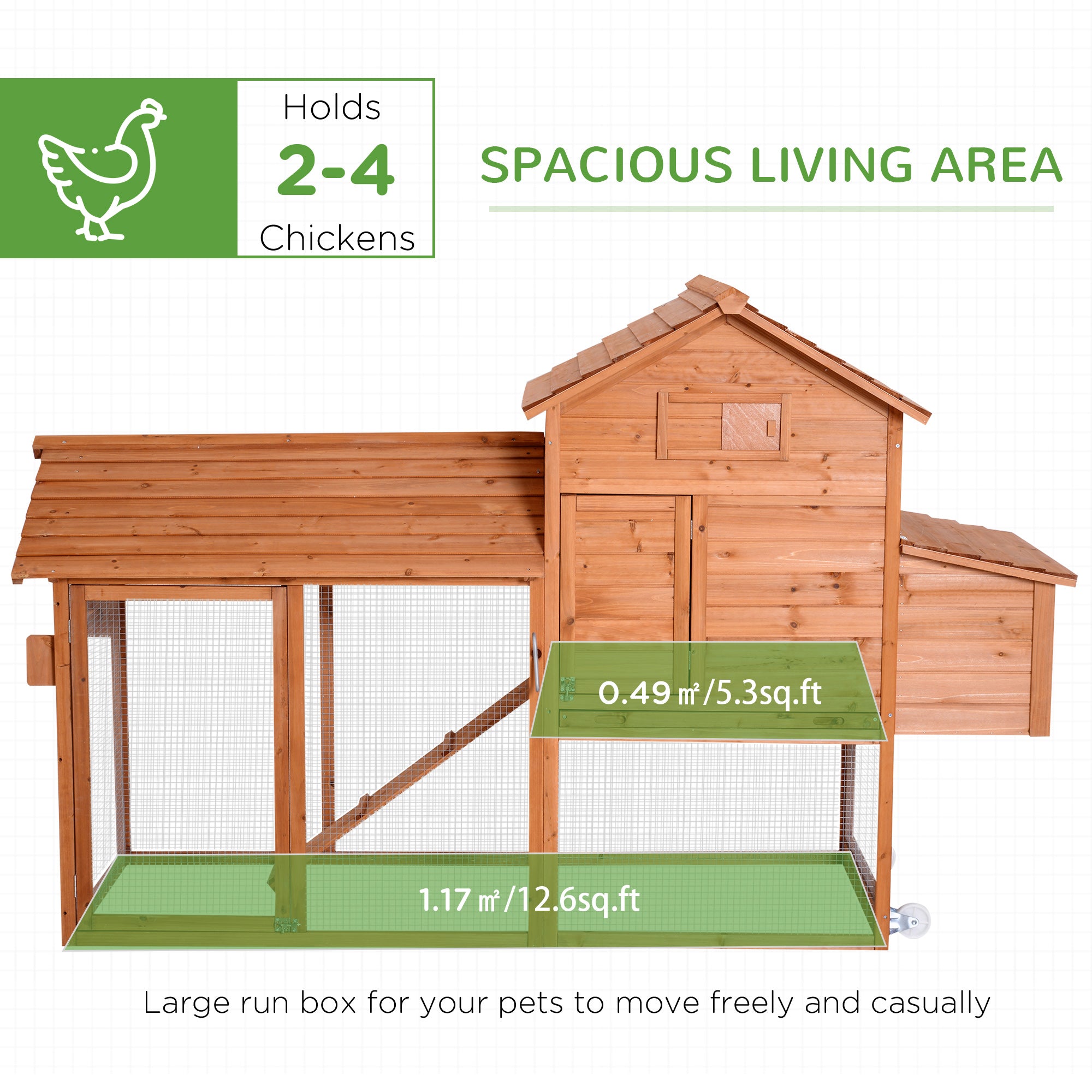 PawHut 83" Wooden Chicken Coop Tractor Hen House Portable Poultry Cage for Outdoor Backyard with Wheels, Nest Box, Removable Tray