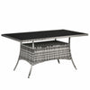 Outsunny 59" x 34" Patio Rattan Dining Table, Outdoor Wicker Table with Tempered Glass Top and Storage Shelf, All Weather Backyard Furniture, Grey