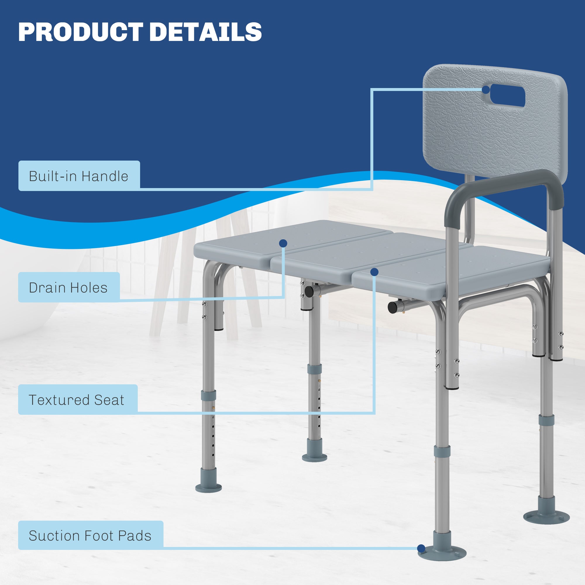 HOMCOM 6-Level Adjustable Bath and Shower Transfer Bench Aluminum Chair with Non-Slip Feet, Armrest & Backrest, Grey