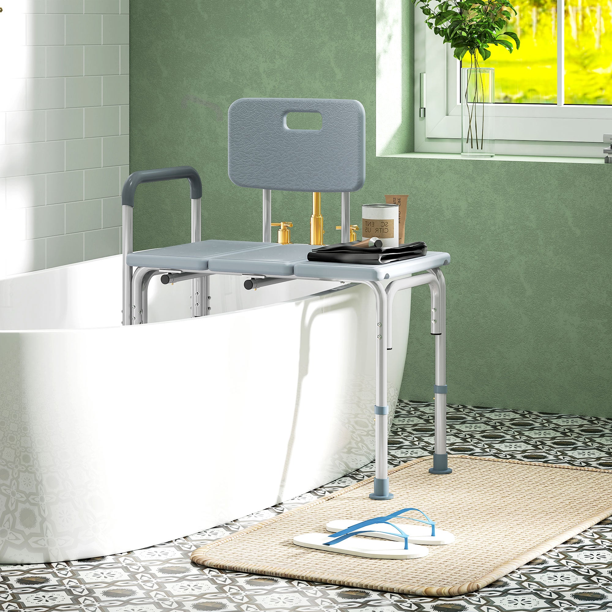 HOMCOM 6-Level Adjustable Bath and Shower Transfer Bench Aluminum Chair with Non-Slip Feet, Armrest & Backrest, Grey