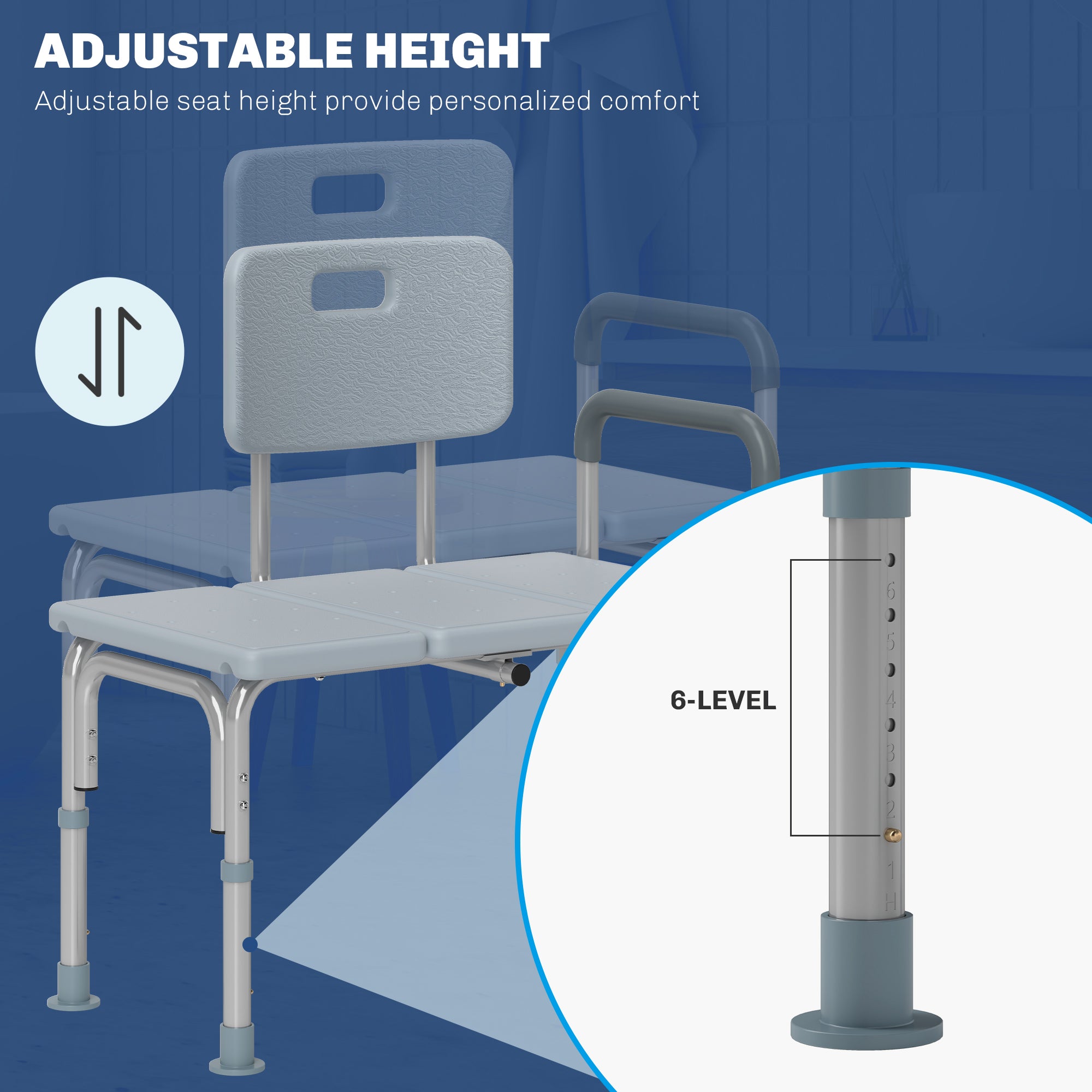 HOMCOM 6-Level Adjustable Bath and Shower Transfer Bench Aluminum Chair with Non-Slip Feet, Armrest & Backrest, Grey