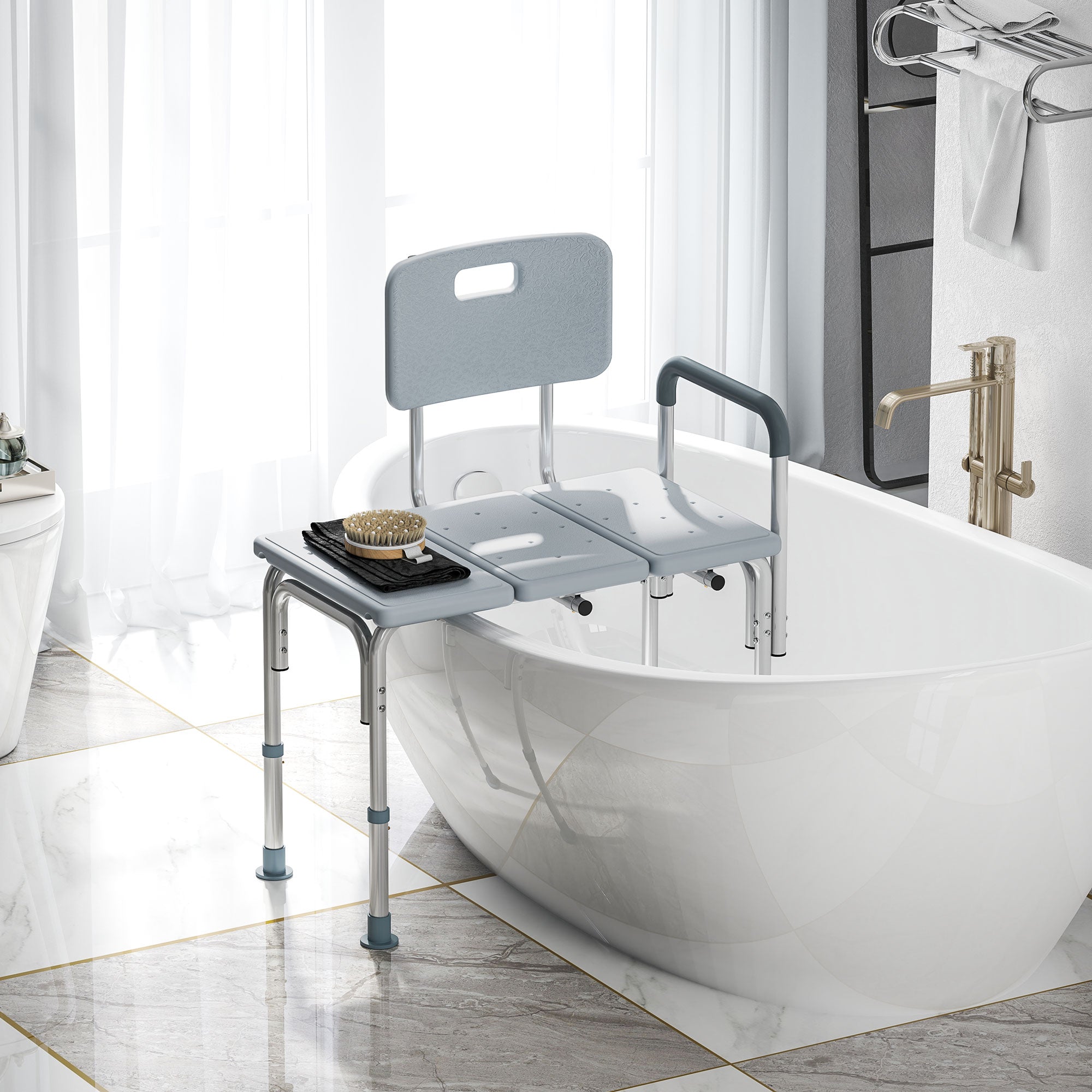 HOMCOM 6-Level Adjustable Bath and Shower Transfer Bench Aluminum Chair with Non-Slip Feet, Armrest & Backrest, Grey