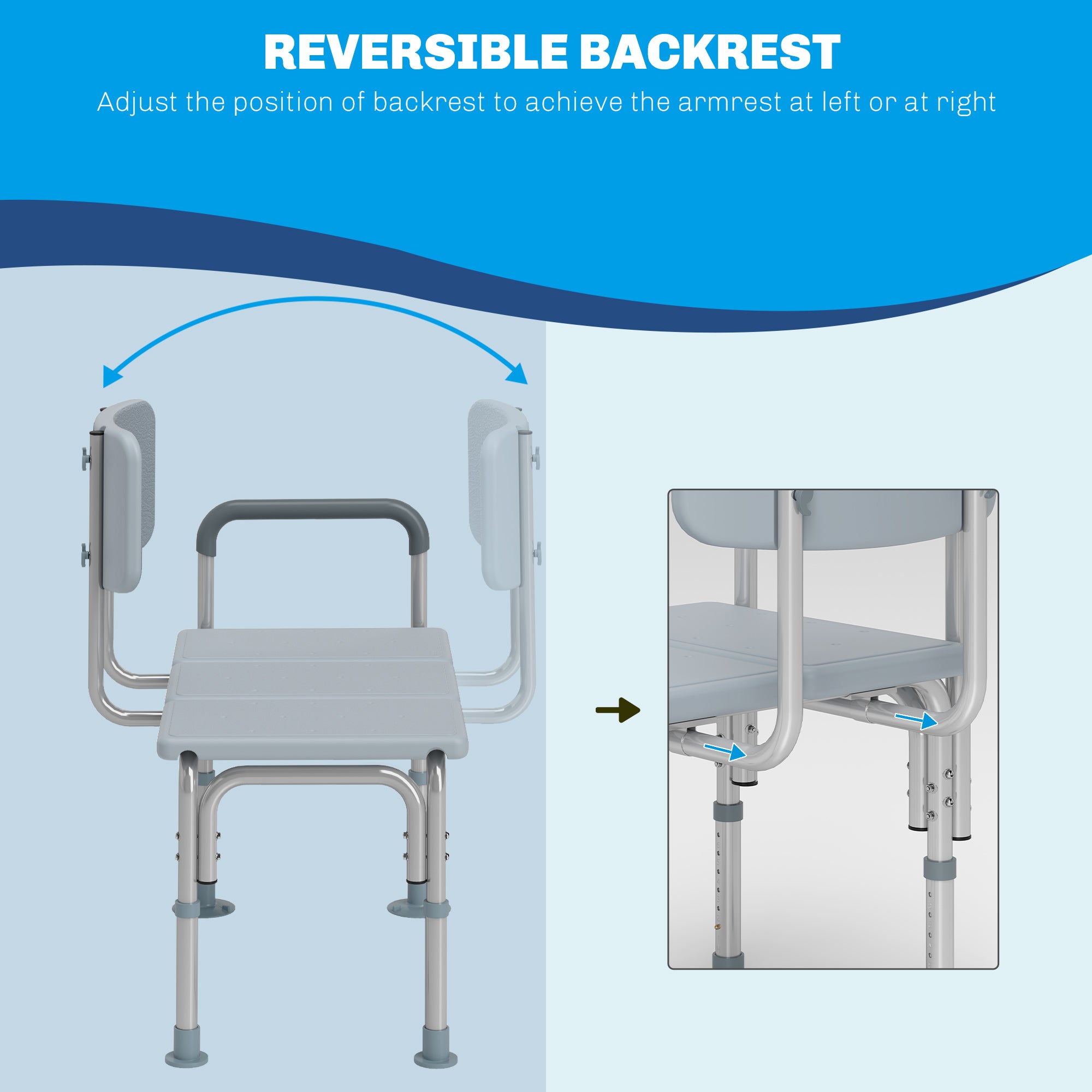 HOMCOM 6-Level Adjustable Bath and Shower Transfer Bench Aluminum Chair with Non-Slip Feet, Armrest & Backrest, Grey