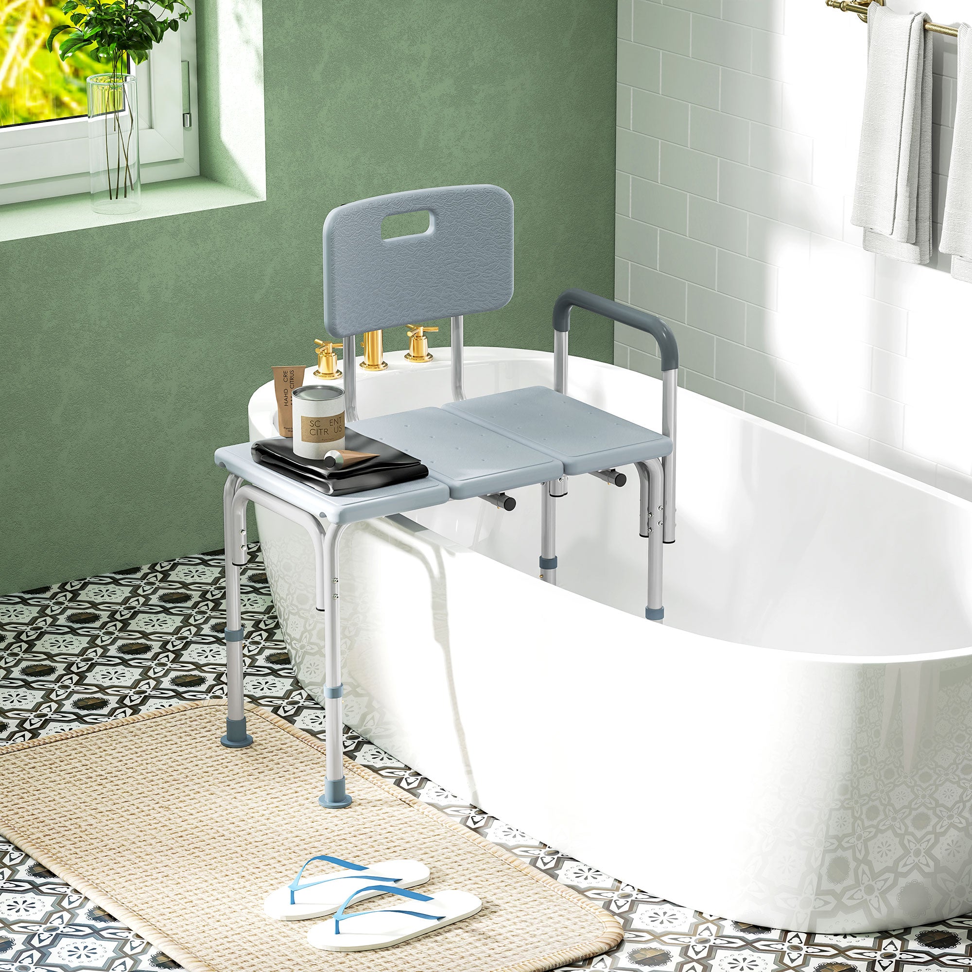 HOMCOM 6-Level Adjustable Bath and Shower Transfer Bench Aluminum Chair with Non-Slip Feet, Armrest & Backrest, Grey