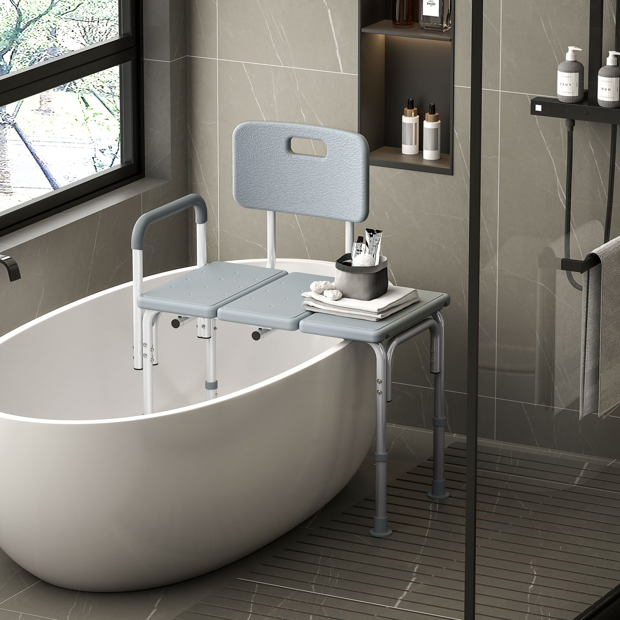 HOMCOM 6-Level Adjustable Bath and Shower Transfer Bench Aluminum Chair with Non-Slip Feet, Armrest & Backrest, Grey