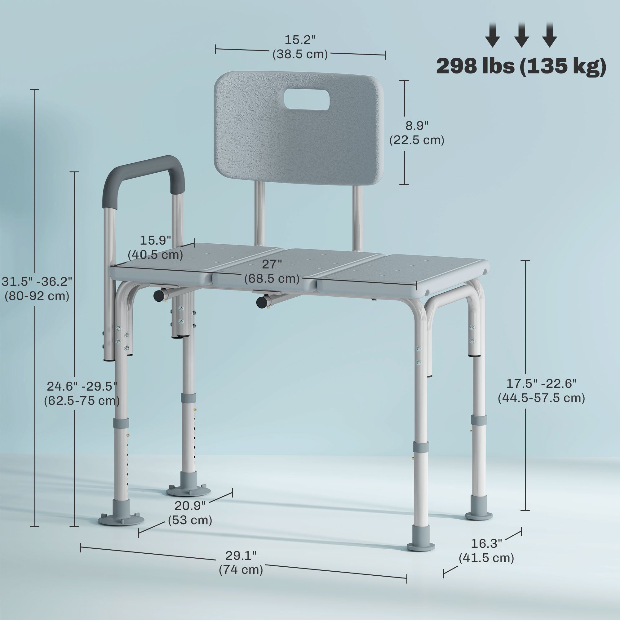 HOMCOM 6-Level Adjustable Bath and Shower Transfer Bench Aluminum Chair with Non-Slip Feet, Armrest & Backrest, Grey