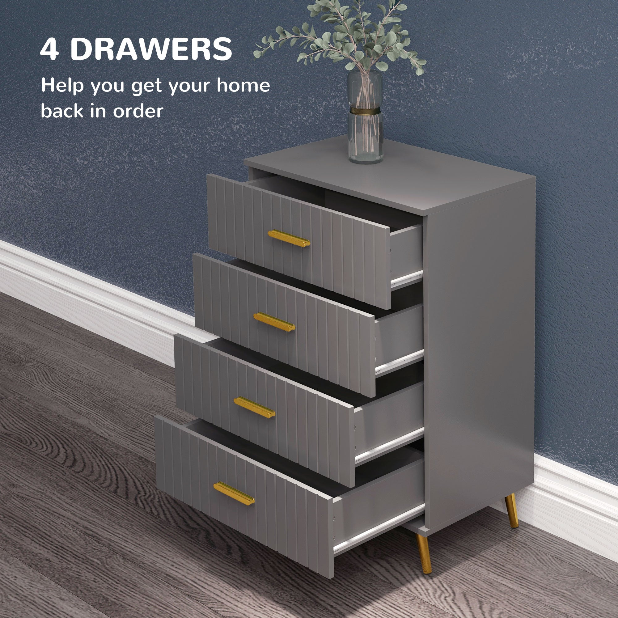 HOMCOM Bedroom Chest of Drawers, Modern 4-Drawer Dresser, Storage Drawer Unit with Aluminium Legs, Dark Grey