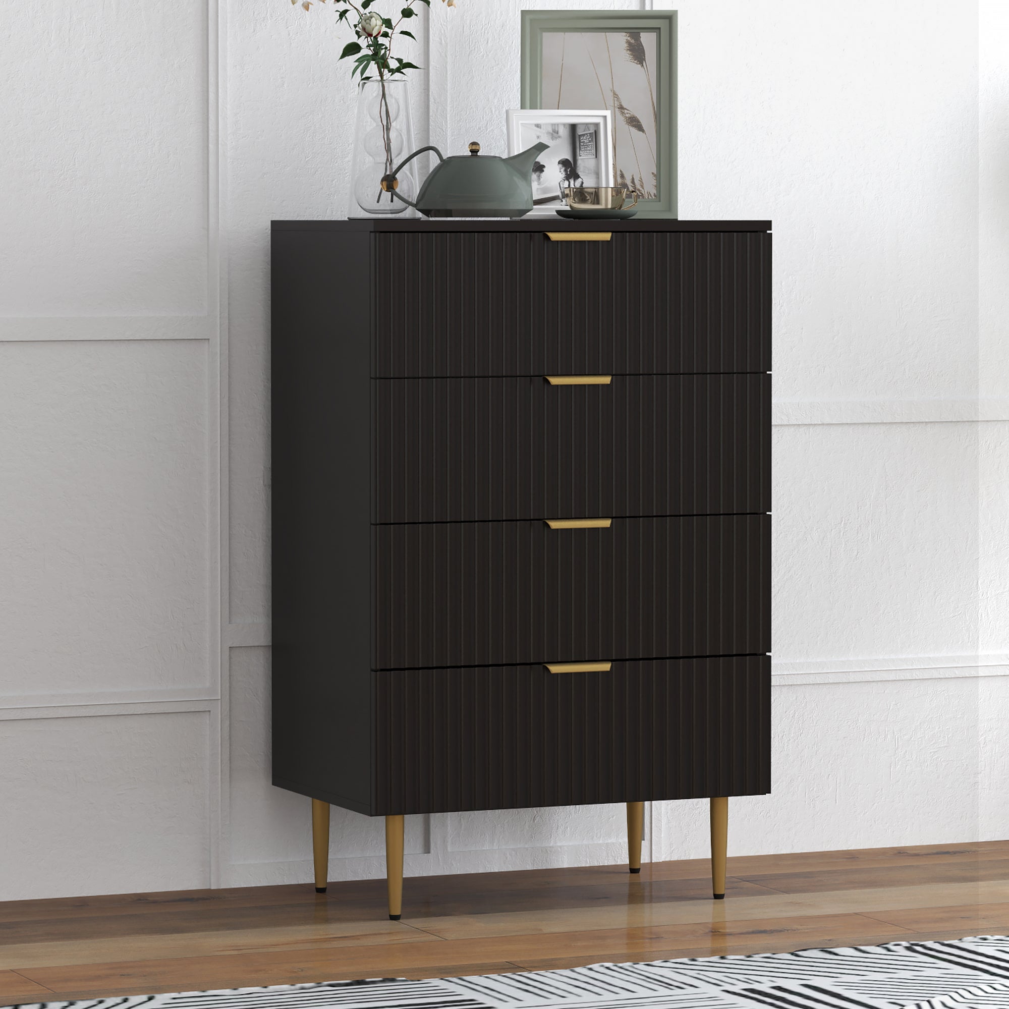 HOMCOM Modern 4 Drawer Dresser for Bedroom, Chest of Drawers with Luxury Gold Handles and Legs, Storage Drawers, Black