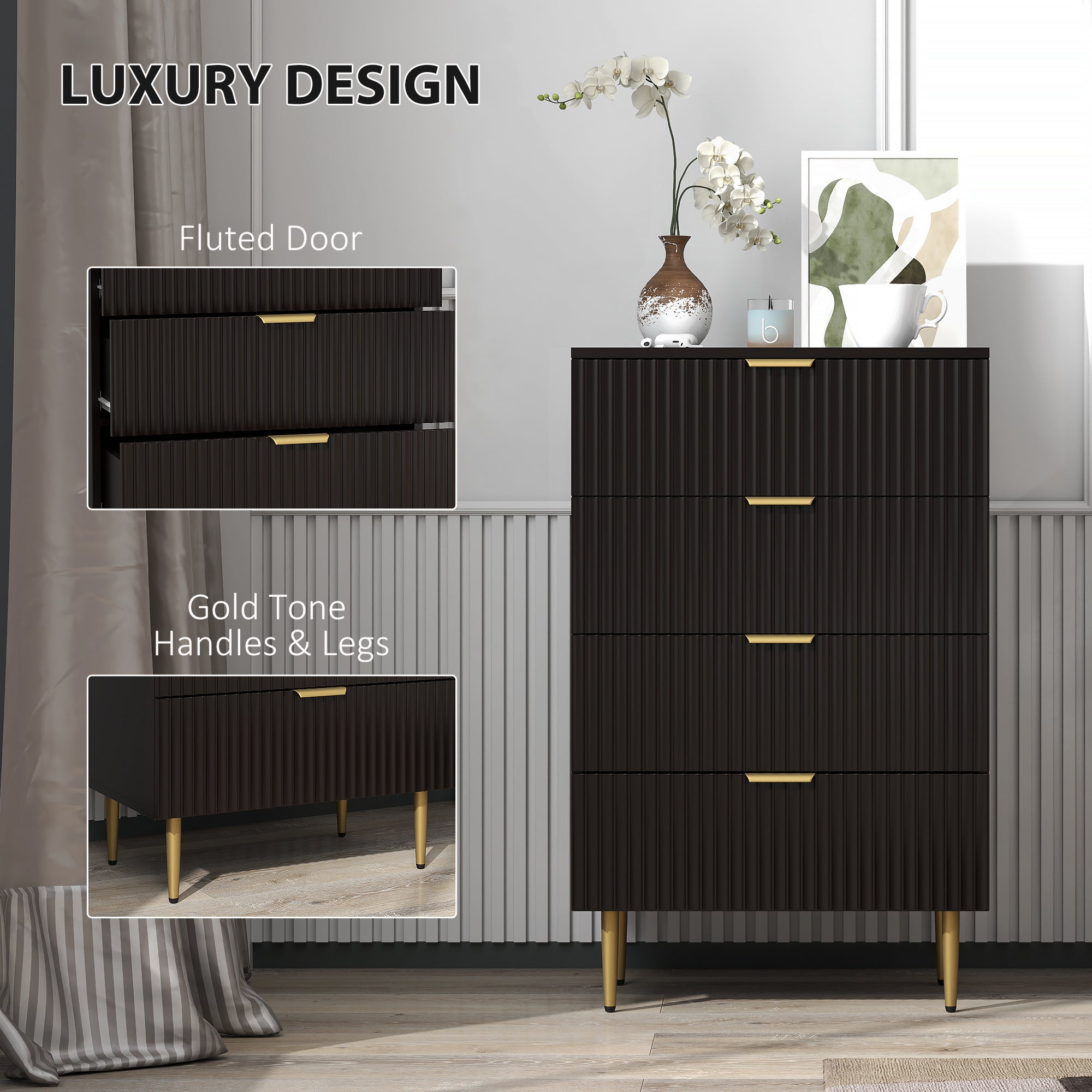 HOMCOM Modern 4 Drawer Dresser for Bedroom, Chest of Drawers with Luxury Gold Handles and Legs, Storage Drawers, Black