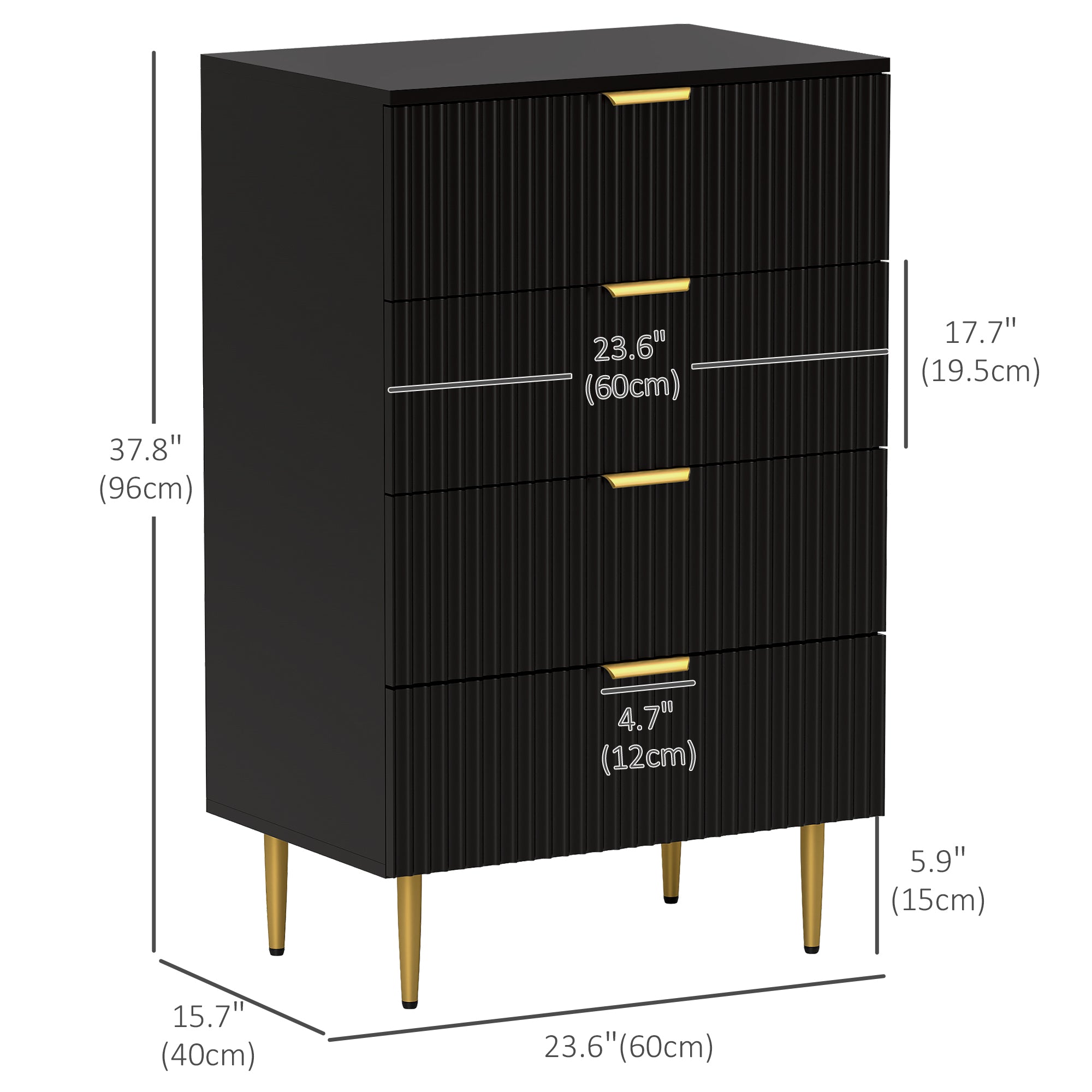 HOMCOM Modern 4 Drawer Dresser for Bedroom, Chest of Drawers with Luxury Gold Handles and Legs, Storage Drawers, Black