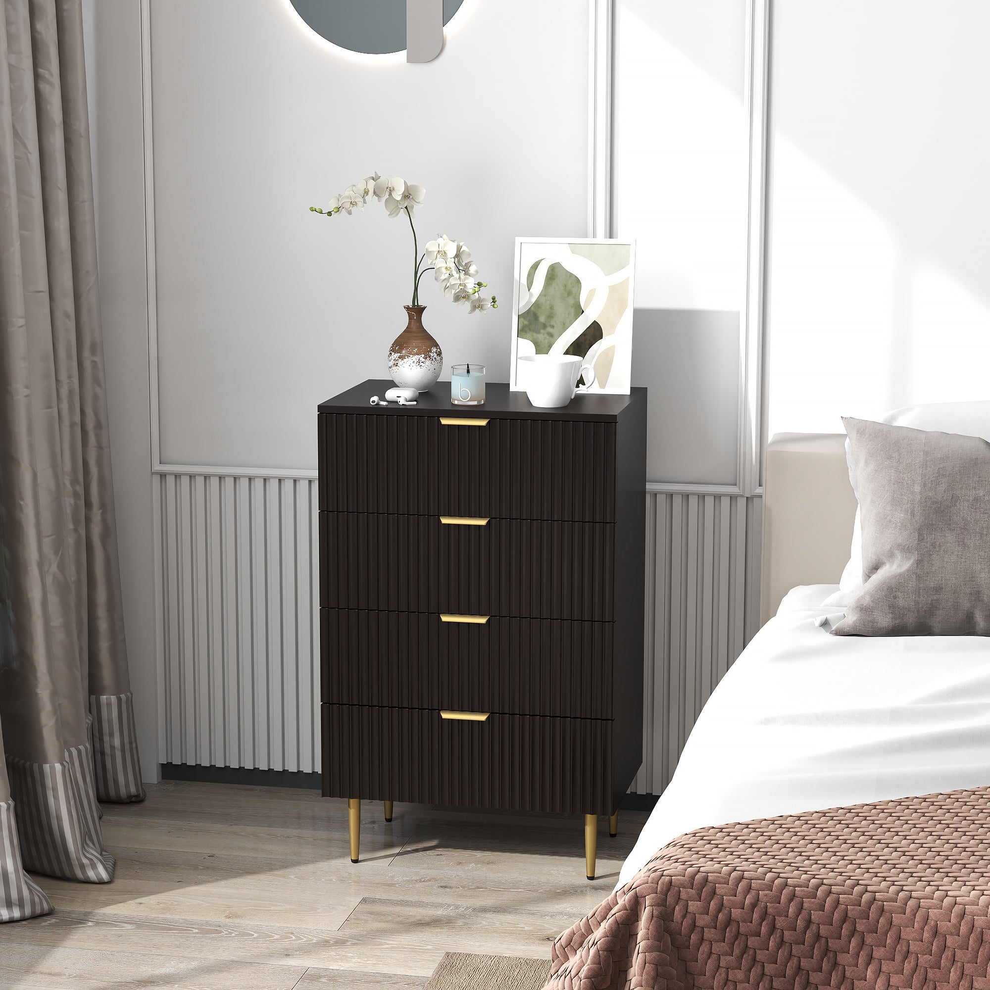 HOMCOM Modern 4 Drawer Dresser for Bedroom, Chest of Drawers with Luxury Gold Handles and Legs, Storage Drawers, Black