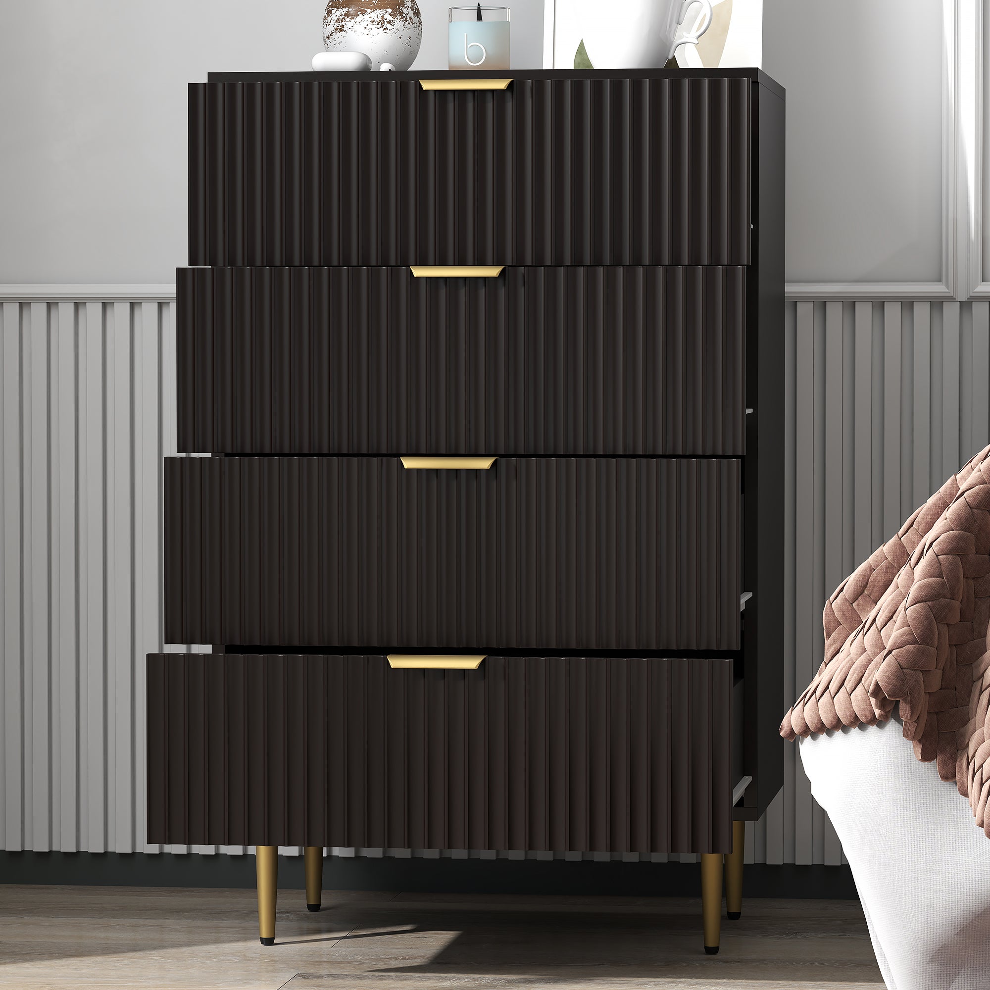 HOMCOM Modern 4 Drawer Dresser for Bedroom, Chest of Drawers with Luxury Gold Handles and Legs, Storage Drawers, Black