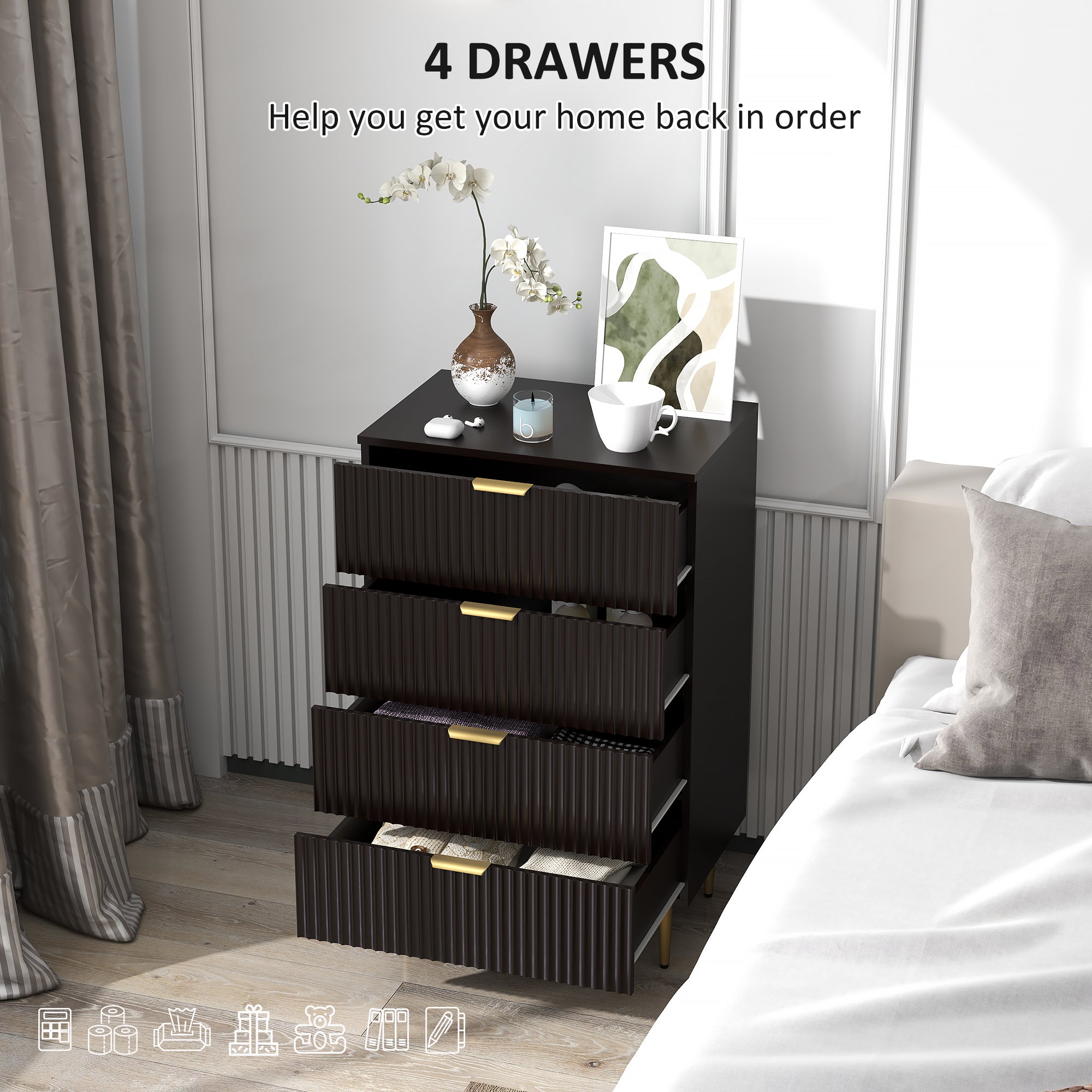 HOMCOM Modern 4 Drawer Dresser for Bedroom, Chest of Drawers with Luxury Gold Handles and Legs, Storage Drawers, Black