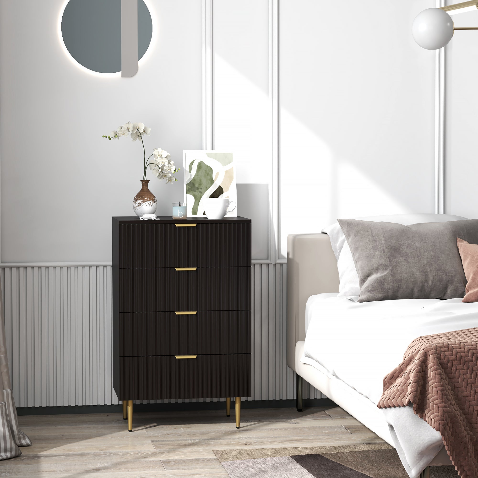 HOMCOM Modern 4 Drawer Dresser for Bedroom, Chest of Drawers with Luxury Gold Handles and Legs, Storage Drawers, Black