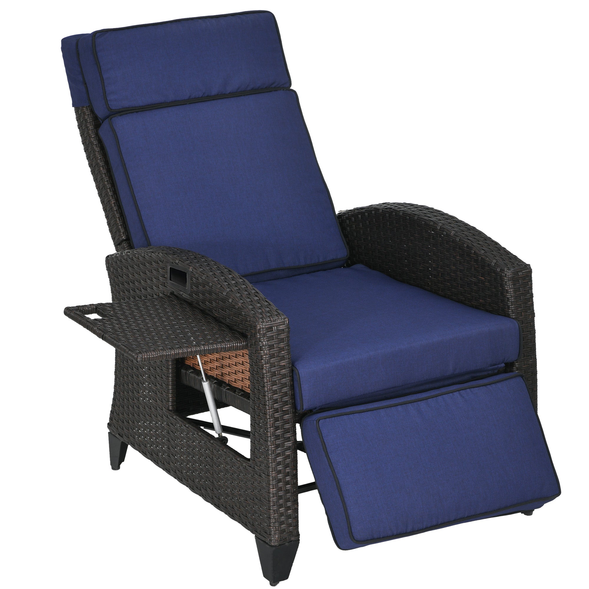 Outsunny Outdoor Recliner Chair with Cushion, PE Wicker Reclining Patio Lounge Chair with Adjustable Footrest, Armrests, Side Tray, for Balcony, Porch, Blue