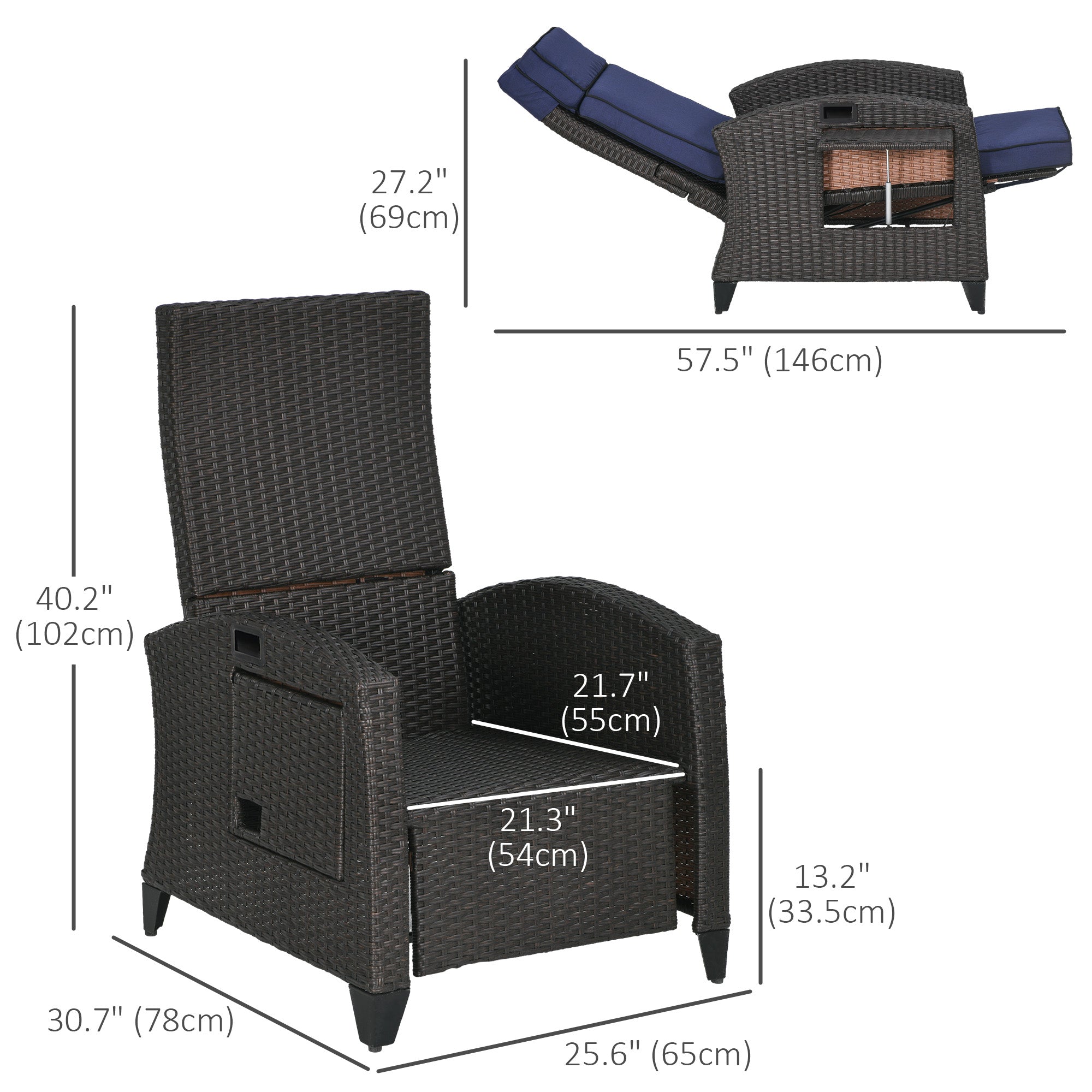 Outsunny Outdoor Recliner Chair with Cushion, PE Wicker Reclining Patio Lounge Chair with Adjustable Footrest, Armrests, Side Tray, for Balcony, Porch, Blue