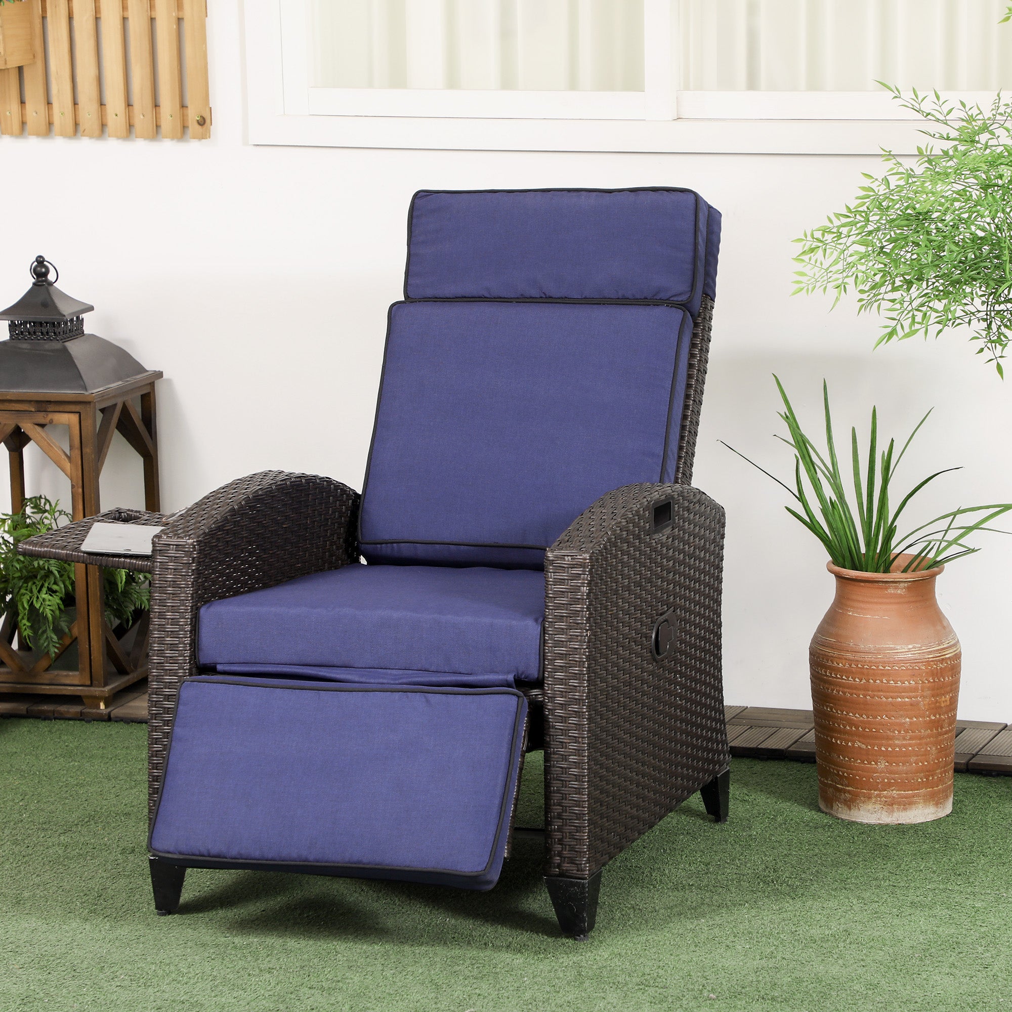 Outsunny Outdoor Recliner Chair with Cushion, PE Wicker Reclining Patio Lounge Chair with Adjustable Footrest, Armrests, Side Tray, for Balcony, Porch, Blue