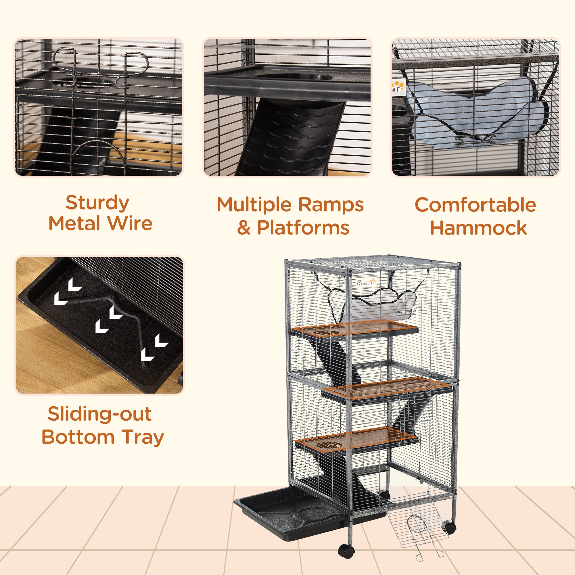 PawHut 4-Tier Rolling Small Animal Cage, Deluxe Guinea Pig Cage, Ferret Cage for Mink Chinchilla Kitten Rabbit, Small Pet Play House with Hammock Platform, Ramp, Removable Tray, Silver Grey